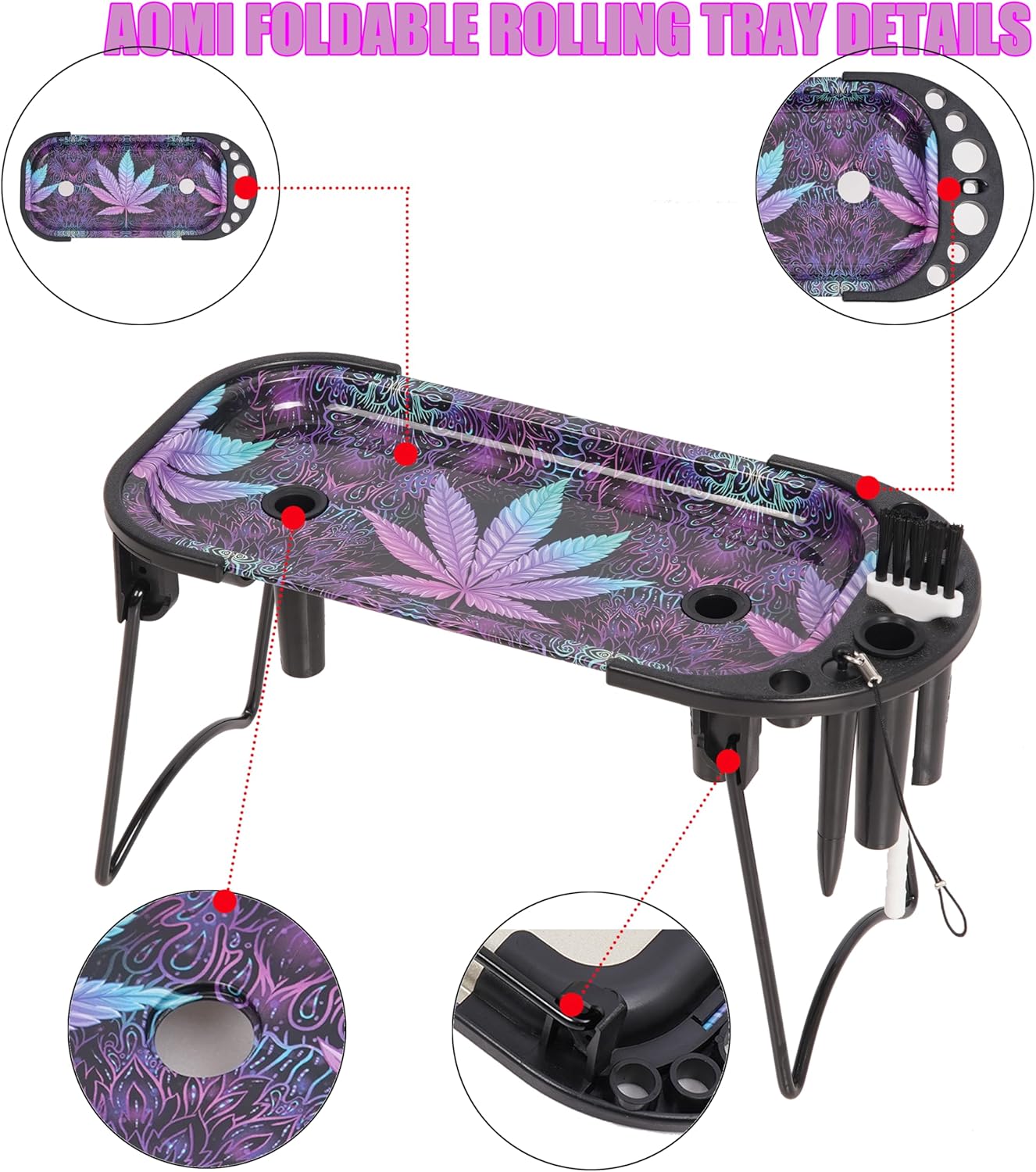 Foldable Metal Rolling Tray, Large Purple Multi-Purpose Folding Metal Tray, 9.4 x 4.13 inches Table Organizer Kit Including Tools Packer Brush Plugs Purple Leaf