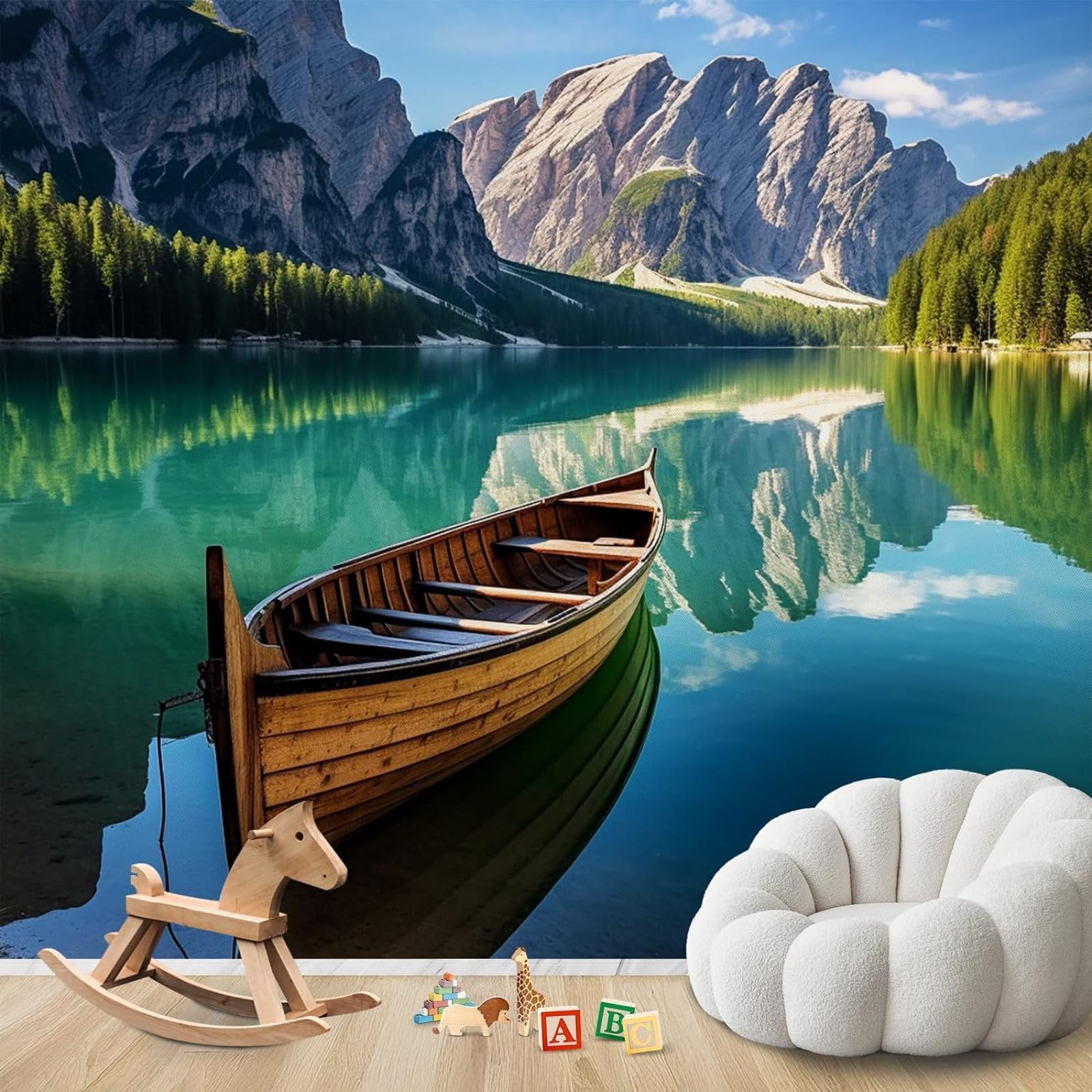 Hgjdjhnf 3D Mural Photo Mural - Wallpaper Mountain Lake With Boat Nature Landscape Modern Wall Living Room Bedroom Children's Room Wall Decoration Motif,400Cmx280cm Poster - Wall Sticker - Frameless Picture