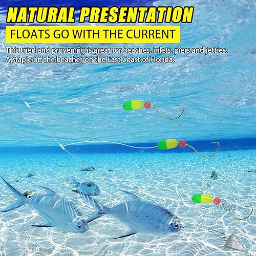 Miniatura 4 de Pompano Rigs, 5 paquetes de agua salada de triple gota Pompano Rig con flotadores para pesca de surf, pesca, flotadores Sneel, pesca, broches