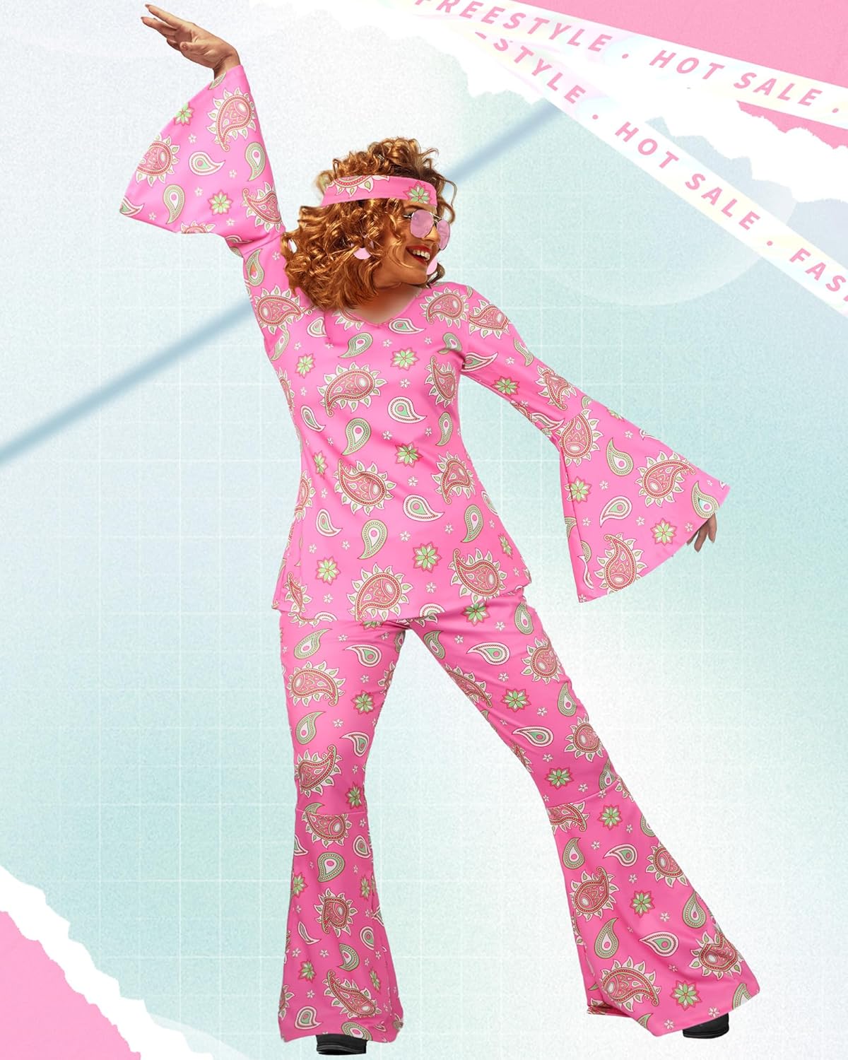 Leumoi 6 Pcs 60s 70s Disco Outfit Women Hippie Costume Accessories Flared Pants Headband Earrings Sunglass - Image 5