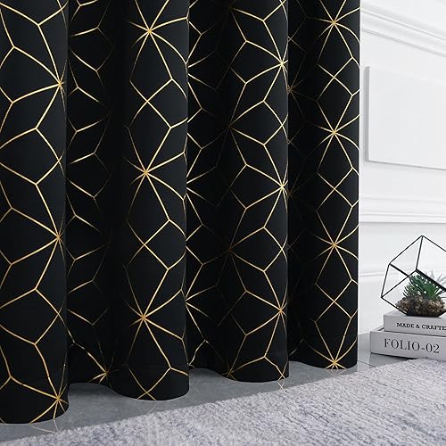 Miniatura 5 de Beauoop Cortinas 100% opacas de 54 pulgadas de largo para dormitorio, sala de estar, cortinas con patrón dorado marroquí, con aislamiento térmico y