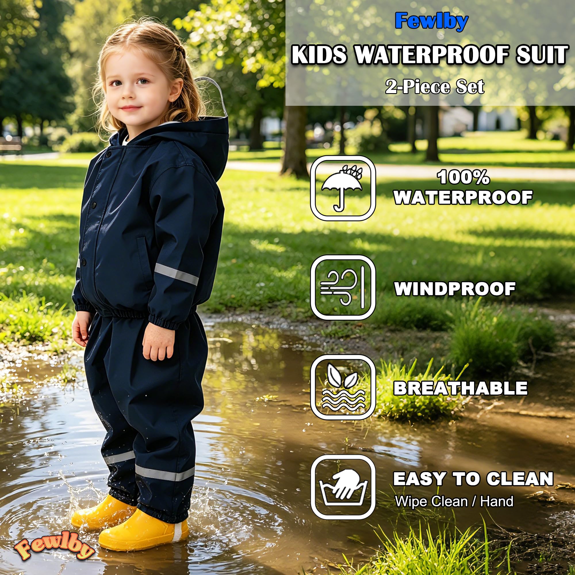 Fewlby Enfant Combinaison Imperméables, Veste de Pluie + Pantalon Imperméable 2PCS Ensembles, Filles Garçons Manteaux Imperméables Pantalon de Pluie Réutilisables Vêtements de Pluie