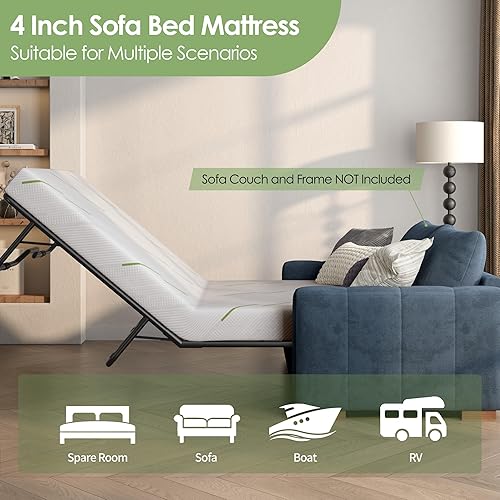 4 Inch Sofa Mattress Queen Size, Gel Memory Foam Infused, with Removable Washable Cover, for Sleeper Sofas, Pull Out Bed, Guest Room, RVs, Boats - Thumbnail 5