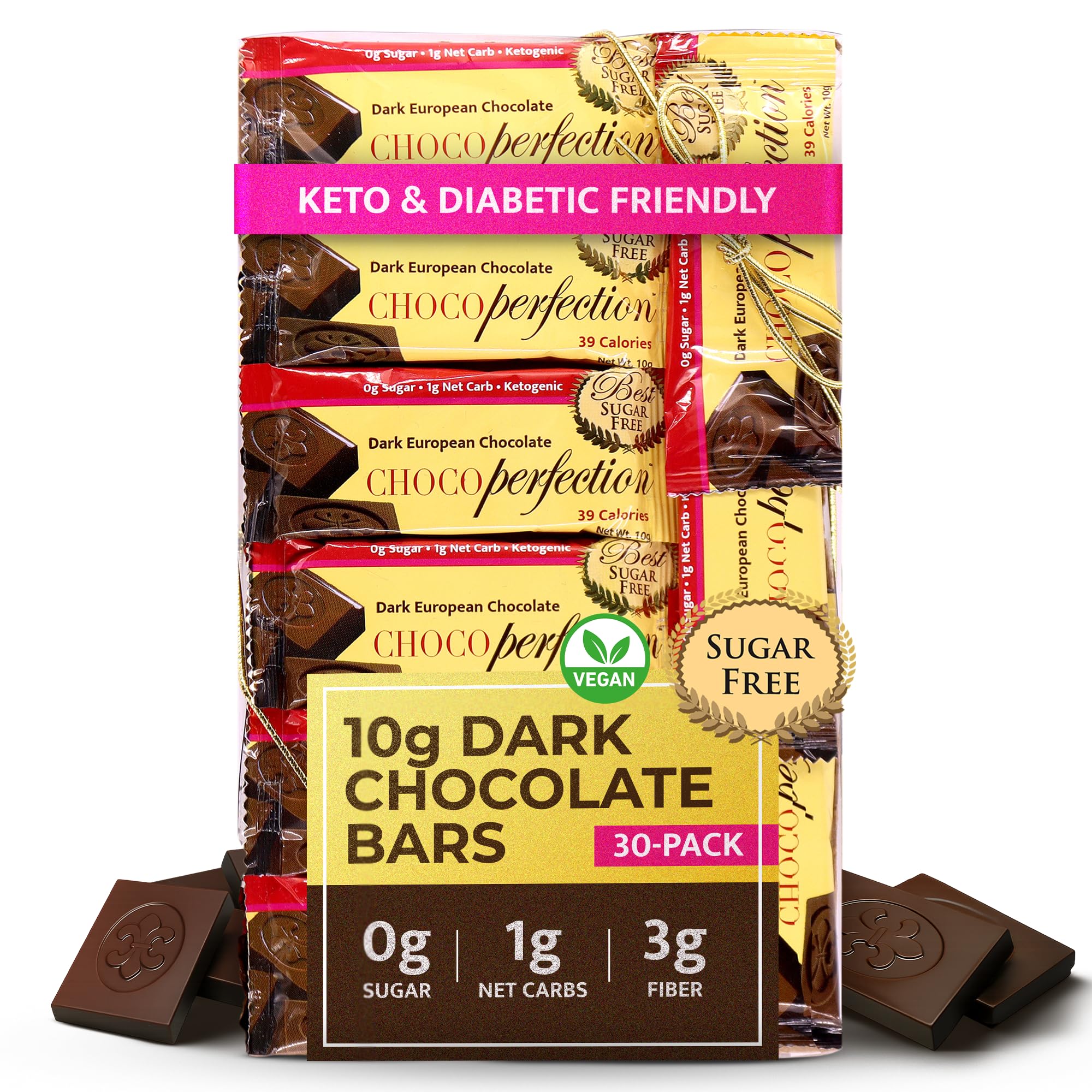 Sugar Free Dark Chocolate Bars – Keto-Friendly, Gluten-Free and Vegan, No Maltitol, Fiber-Rich Low-Carb Snacks with Low Glycemic Impact, European Taste, Box of 30 Bars (10g Each)