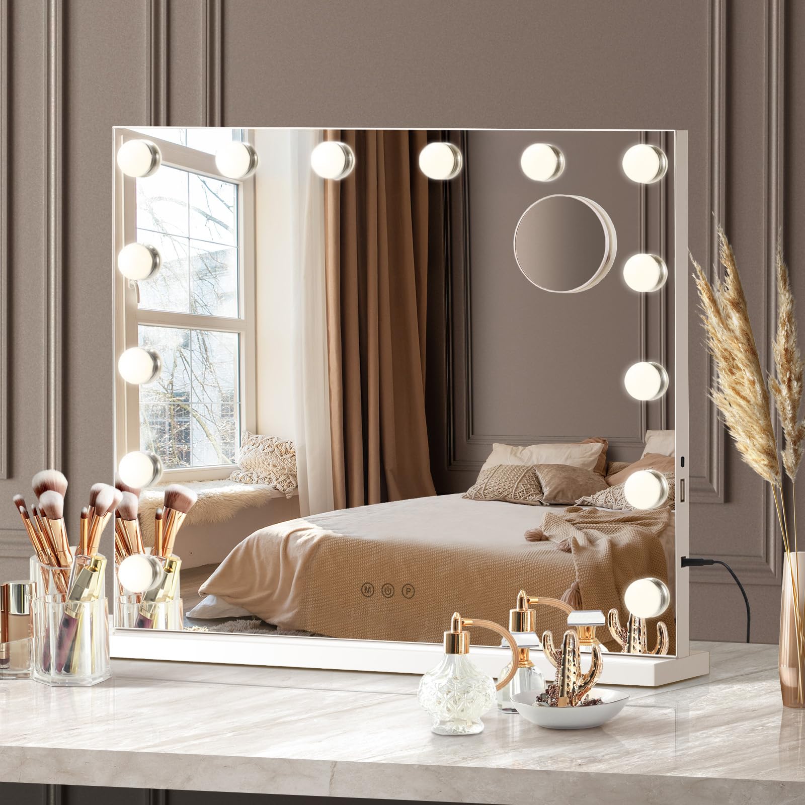 Hollywood - Specchio da trucco con illuminazione, 50 x 42 cm, 14 luci a LED, dimmerabile, 3 temperature di colore, con controllo touch, ingrandimento USB 12X, per camera da letto