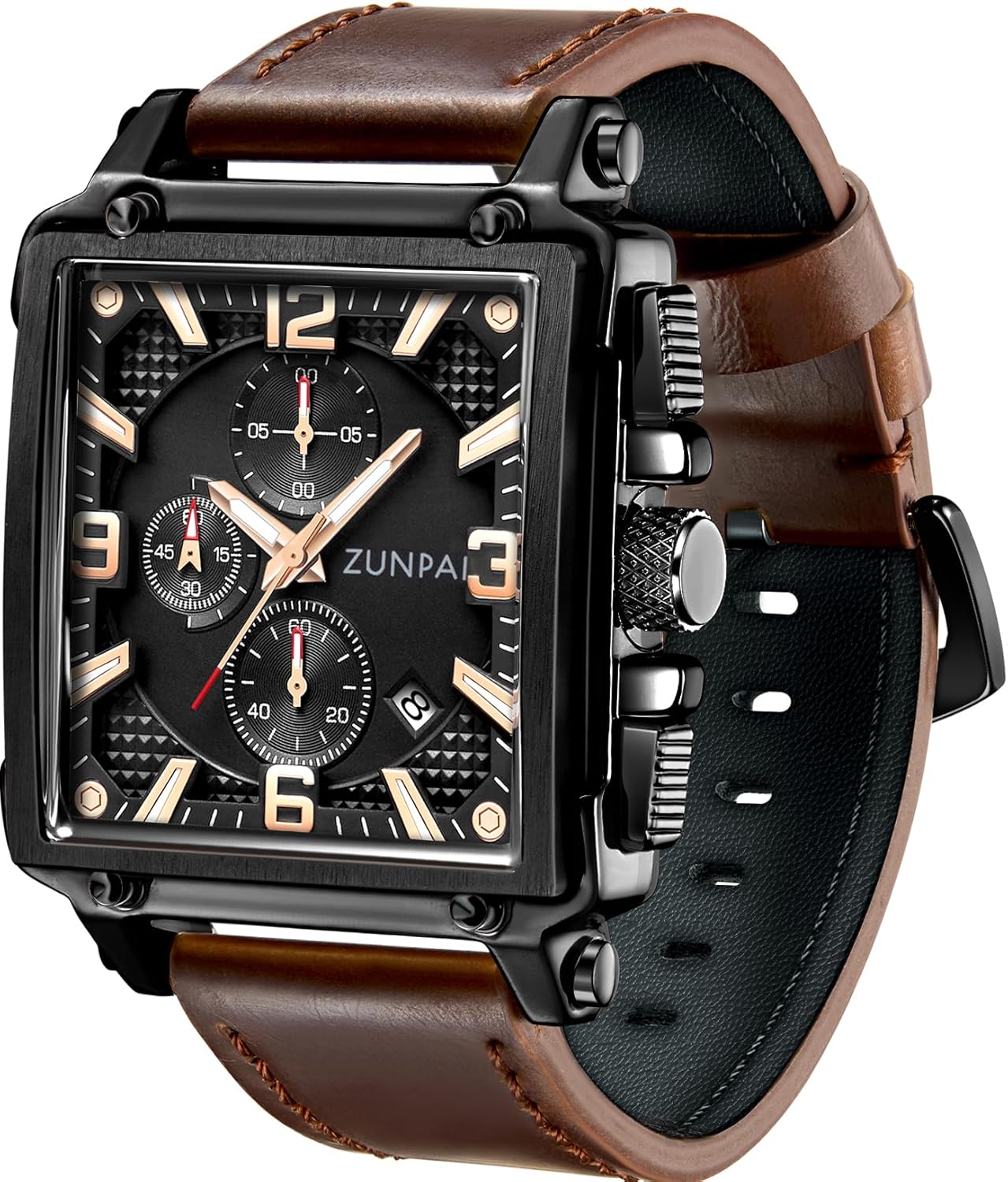 senstone Men's Square Chronograph Quartz Watch Waterproof Luminous Wristwatch with Date Calendar, Leather Strap Stylish Casual Dress Watch for Men - Image 9