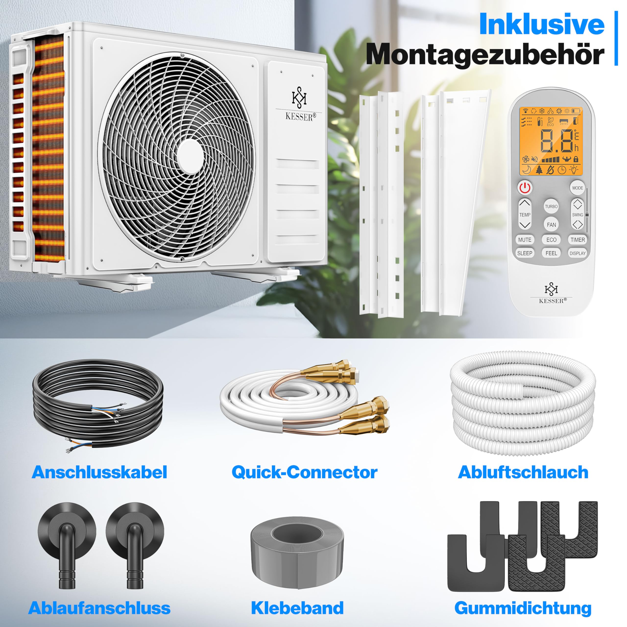 Kesser® Kit de climatisation Split Quick Connect 12000 BTU 3,4 kW – Appareil climatiseur WiFi & App avec fonction de chauffage & mode de refroidissement Climatiseur mural, avec tuyauterie en cuivre