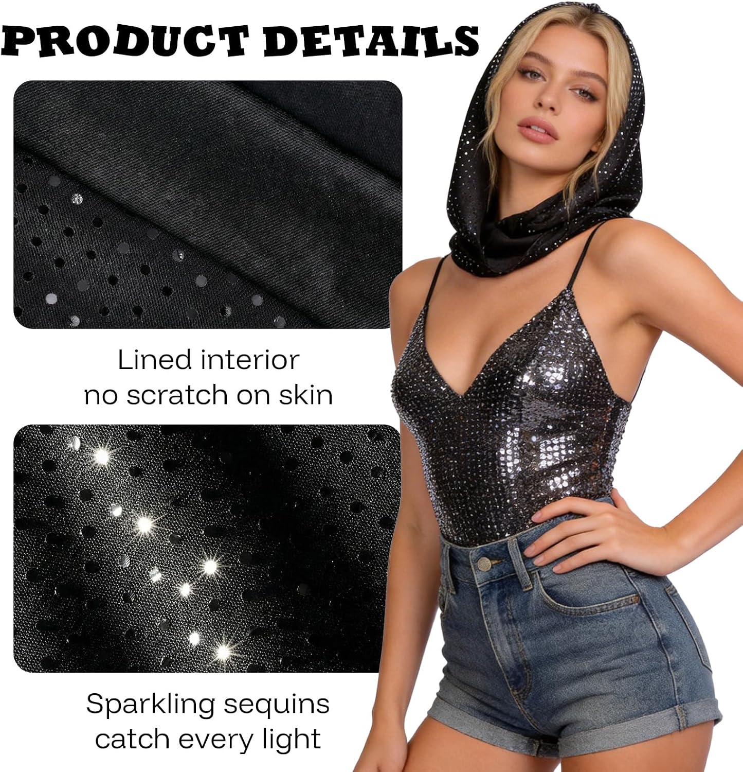 Sequin Hood Rave Accessories for Women - Rave Outfit Accessories for Carnival Parade Concert and Halloween