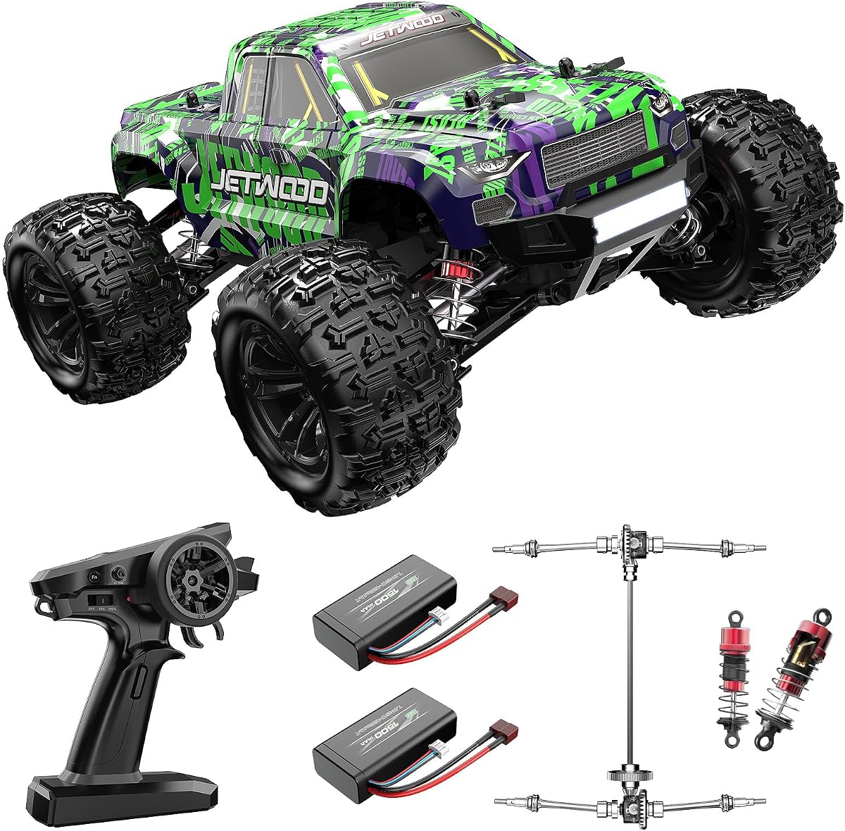 1/16 RC Car for Boys and Adults, 38kph 4WD Ready to Run Hobby RC Truck with 2 Batteries, Off Road Remote Control Monster Truck Gifts for Kids, JC16W