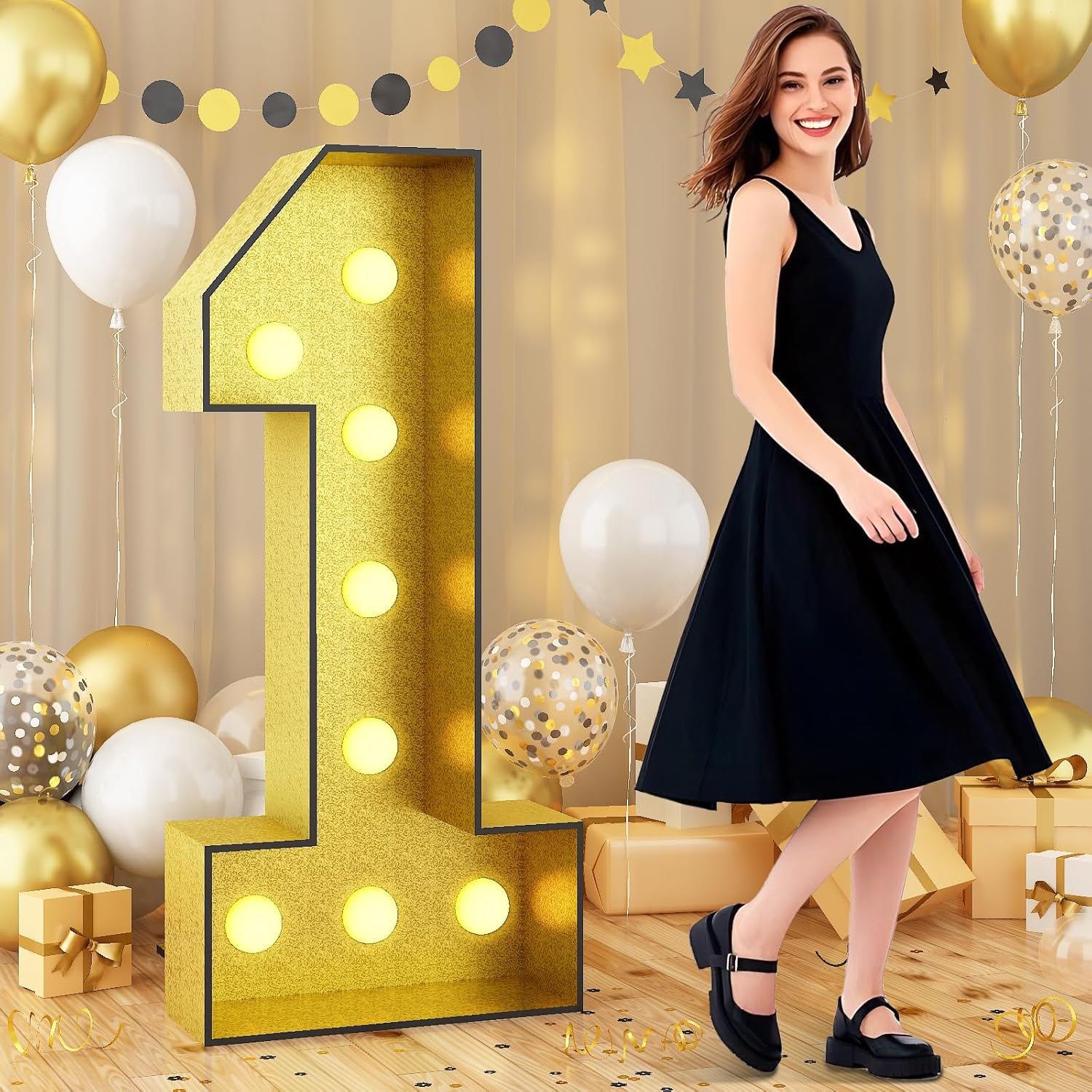 Light Up Number 1, Marquee Light Up Numbers Gold 4FT, Large Led Numbers Lights for First 1st 21st Birthday, 4 Feet Tall DIY Frame Pre-Cut Foam Board Kit for Night Light Party Anniversary Decorations 4FT Glitter Gold-1