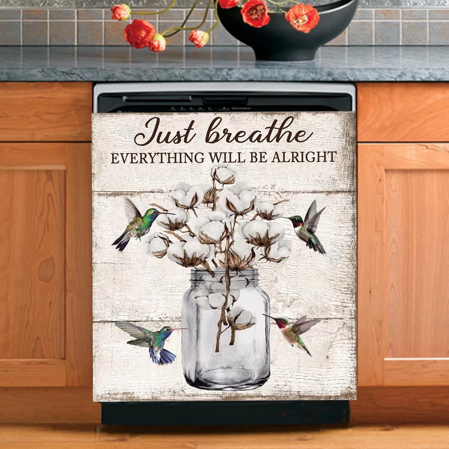 Farmhouse Cotton Flower Dishwasher Magnetic Cover,Rustic Wood Pattern Decal Dishwasher Magnet Decorative Door Sticker,Floral Refrigerator Cover,Fridge Magnets Appliance Panel Covers 23"x26"