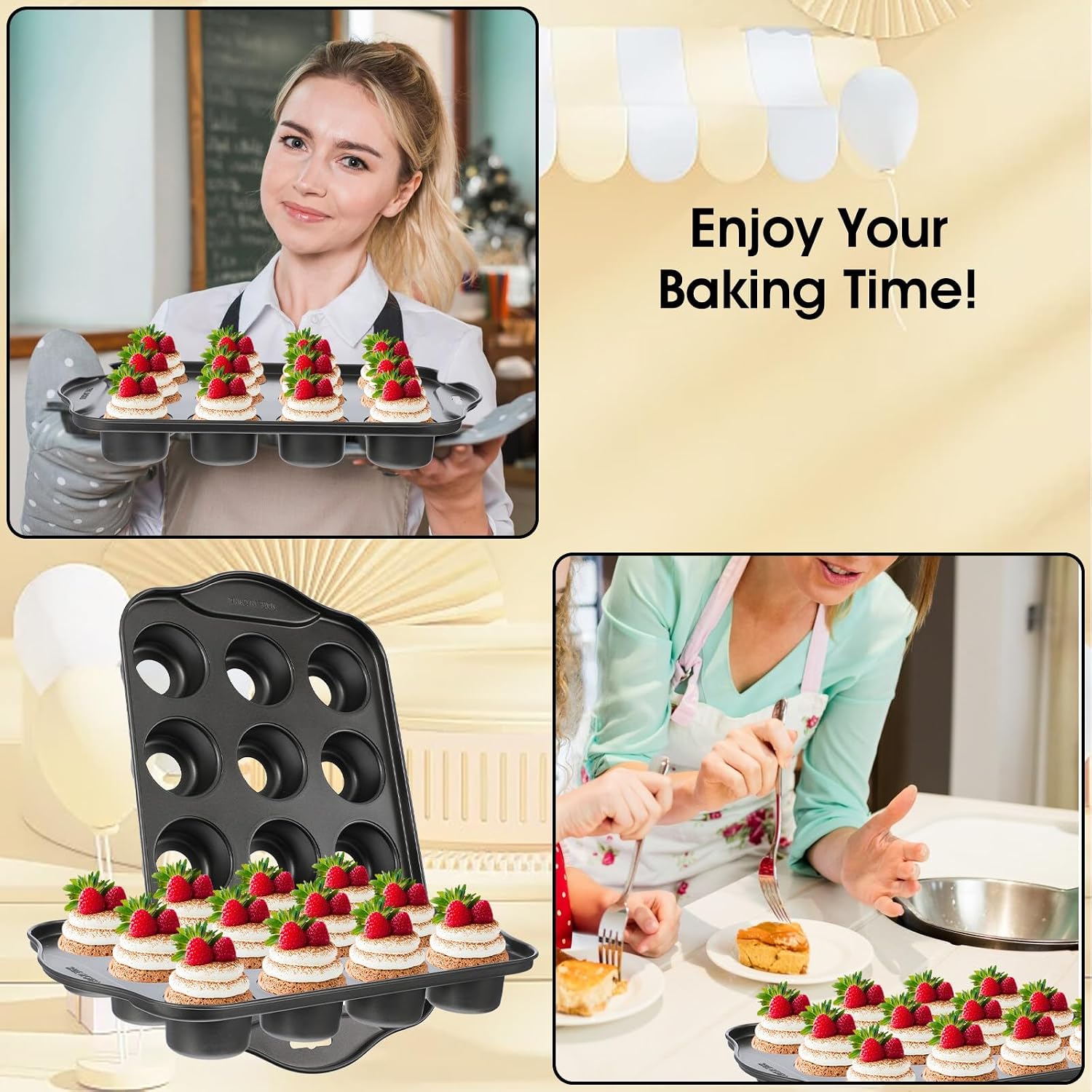 2 Pack Mini Cheesecake Pans Removable Bottom 12 Cavity Mini Cupcake Pan with Silicone Handle Nonslip Anti Heat Nonstick Carbon Steel Muffin Mold 13" x 8" Baking Molds