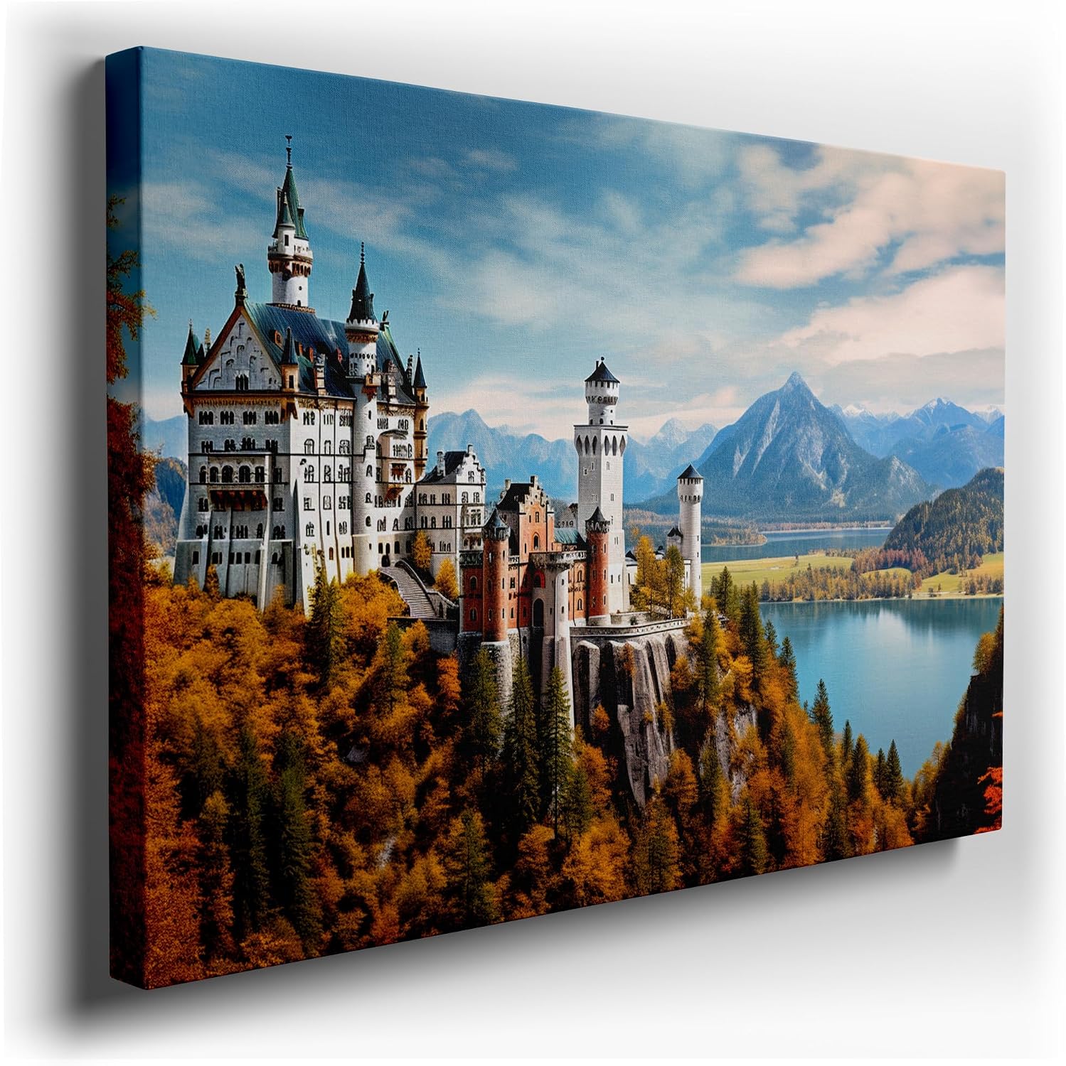 Canvas for Living room. Enchanted Heights: A Majestic White Castle Amidst Autumn's Vivid Embrace, 27 x 18 inch Canvas Wall Art - Ready to Hang