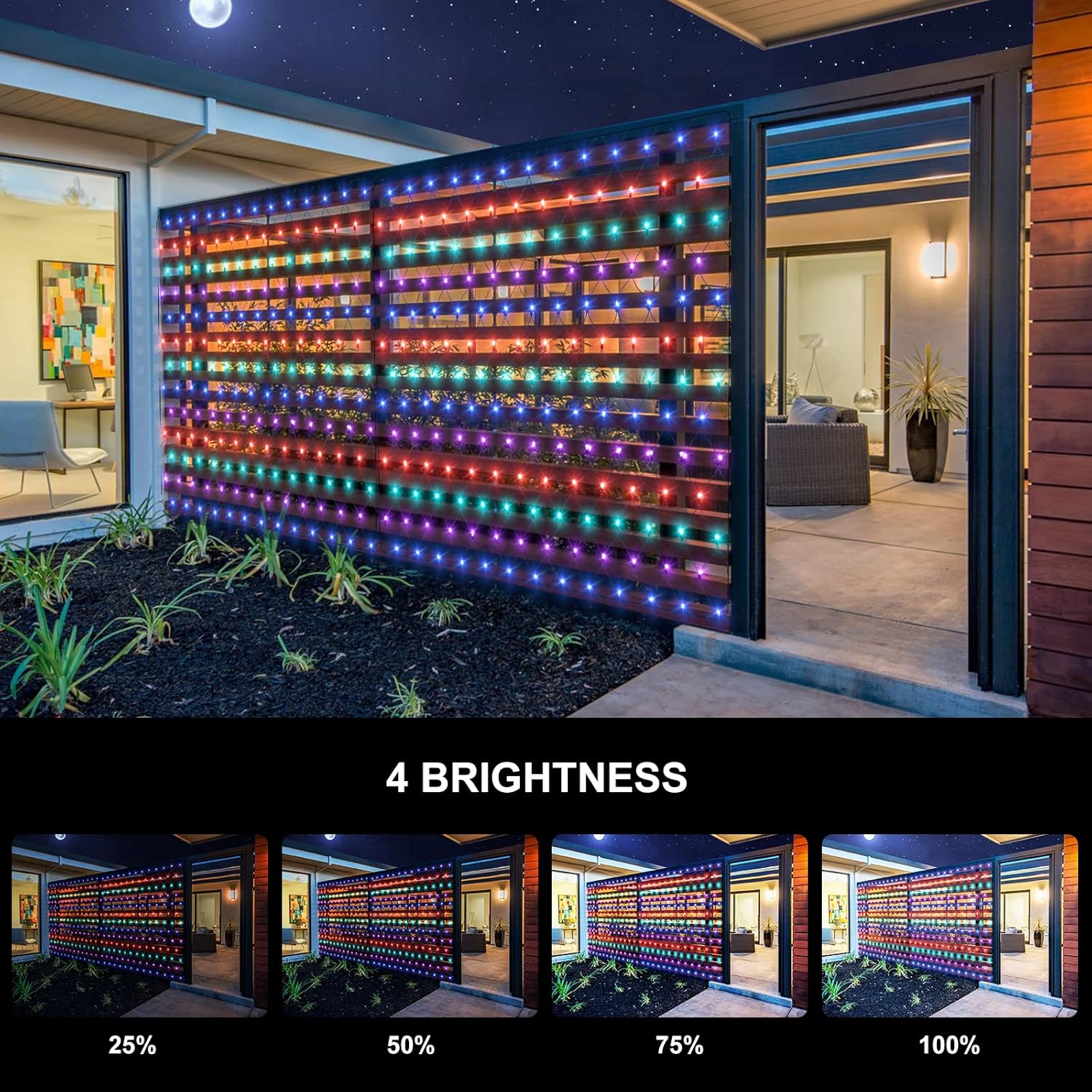 Solar Net String Lights - 15 x 5ft Outdoor Mesh Lights with Remote, 4-Color Warm White Multi-Color Changing for Outside Yard Fence Decor