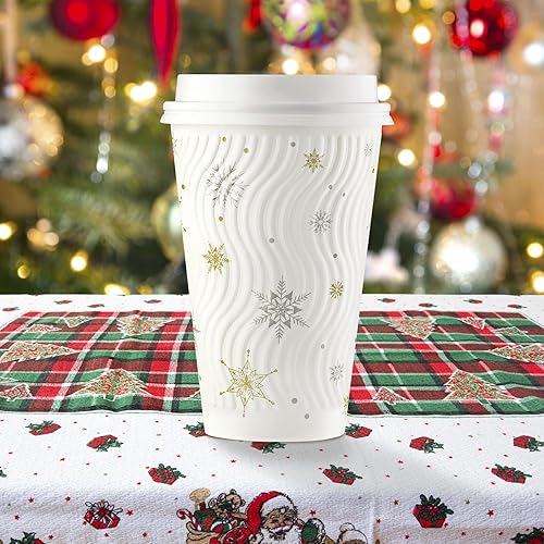 Miniatura 6 de Paquete de 100 tazas de café de Navidad de 16 onzas, vasos de papel desechables de invierno con copos de nieve blancos, vasos de papel de pared con