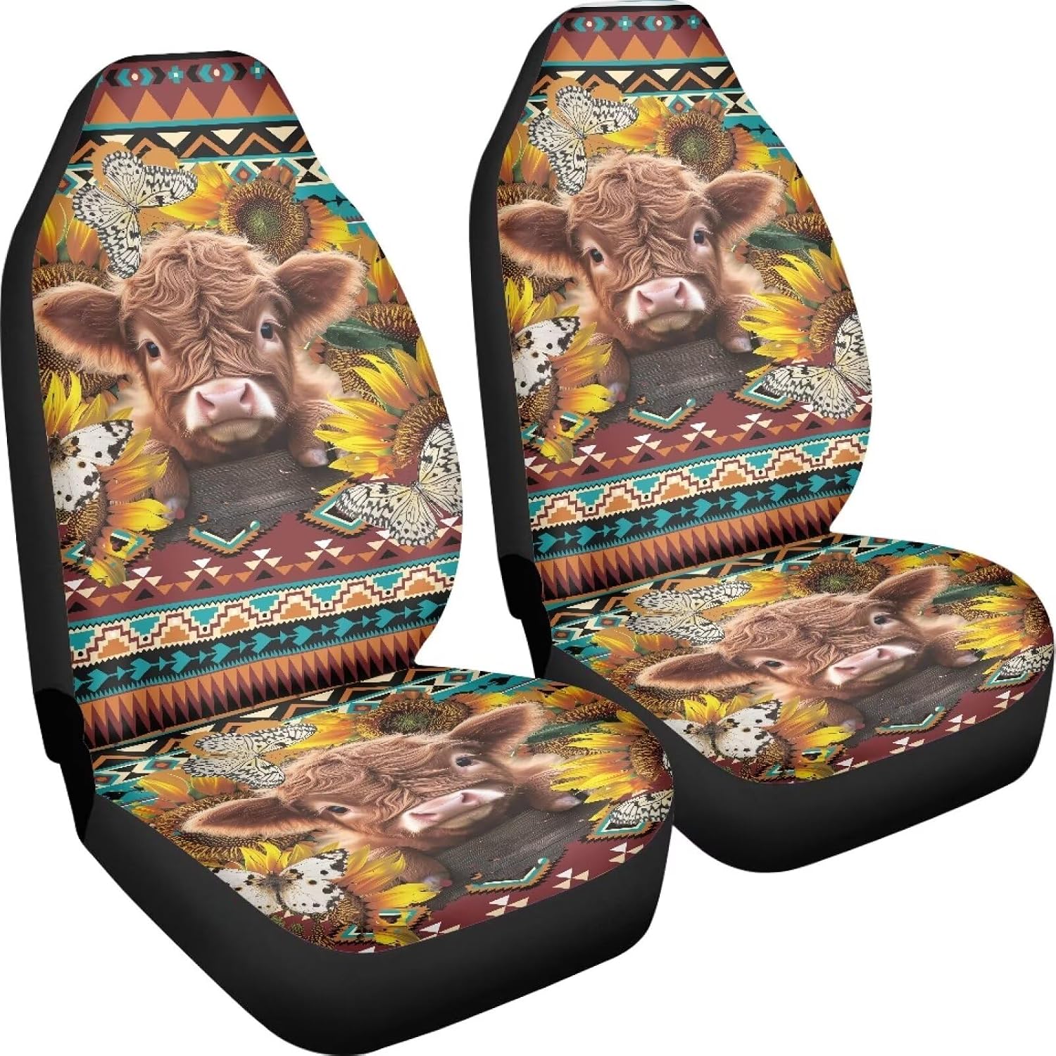 Highland Cattle Car Seat Covers for Women 2 Piece Vehicle Bucket Seat Covers Butterfly Sunflower Print High Back Breathable Front Seats Covers Auto Accessories