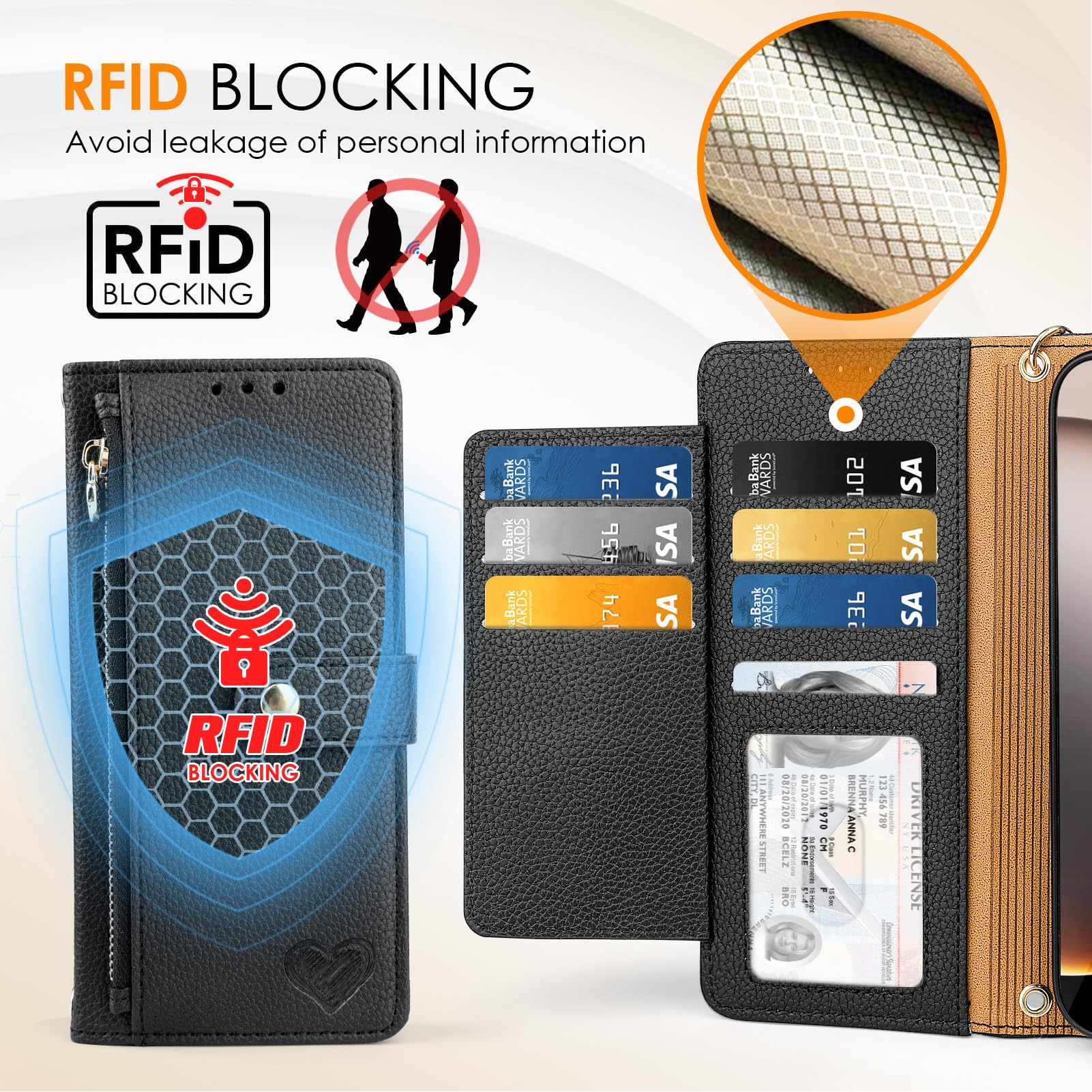Compatible With IPhone 16 Pro Max Wallet Case,RFID Blocking PU Leather Folio Magnetic Closure Protective Cover With Wrist Strap Outer Slide Credit Card Holder Kickstand Men Women,Orange