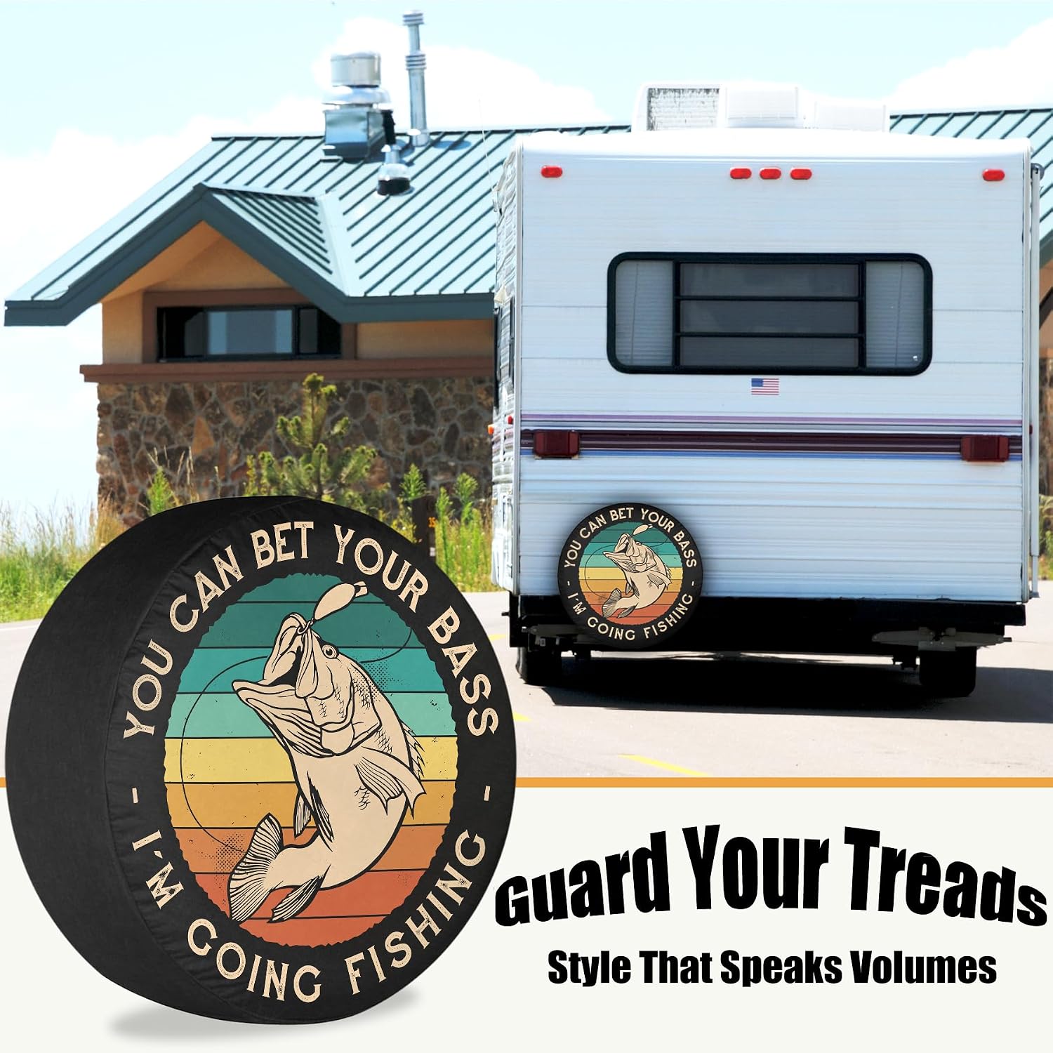RV Spare Tire Cover Retro Bass Fishing Waterproof DustProof Universal for Trailer SUV Van Camp Travel Trailer 12" 13" 14" 15" 16" 17 Inch Wheel
