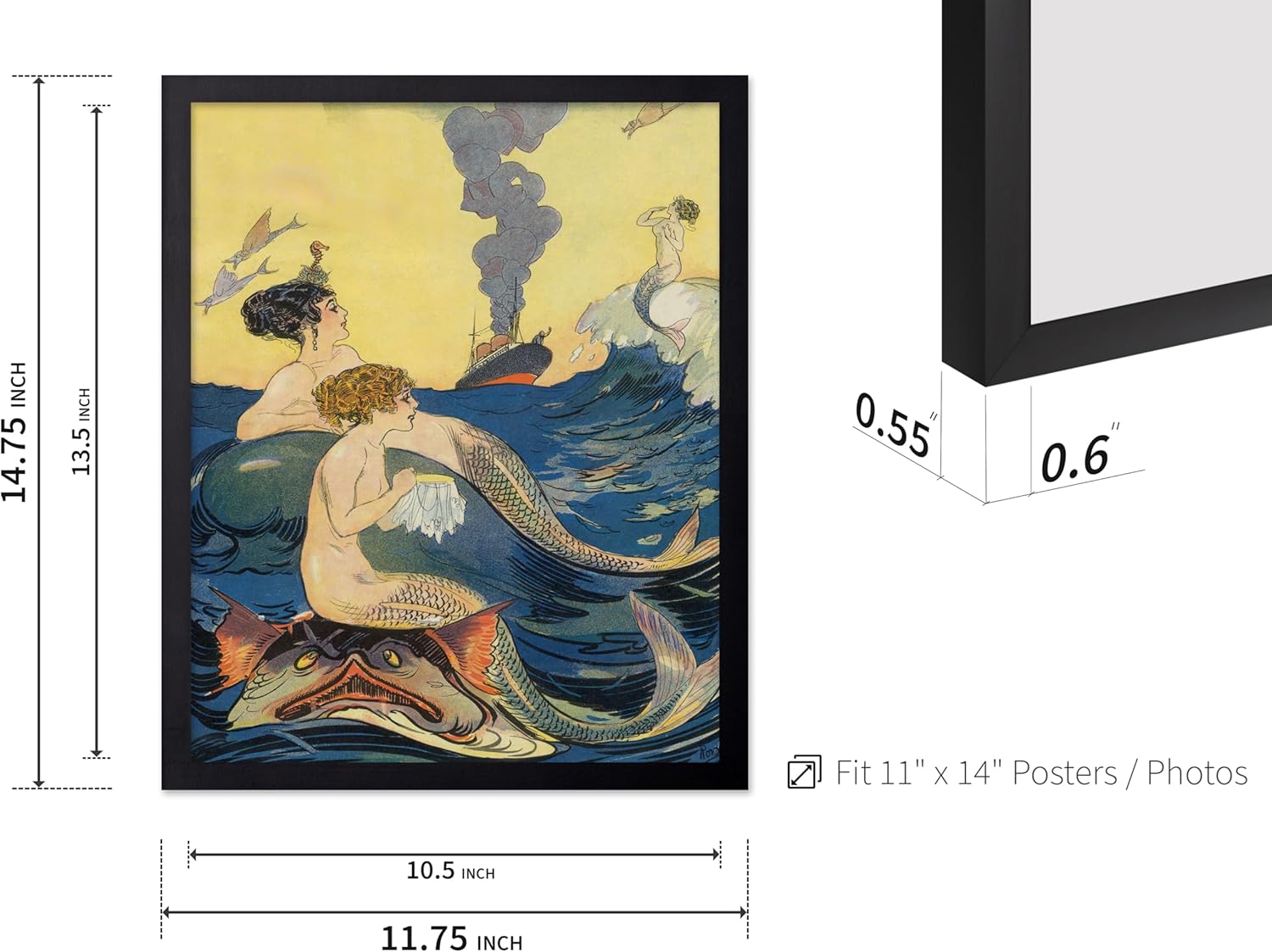 Monem Art Classic Mythical Poster - Vintage Fantasy Print - Gift for Artist, Sailor - An Old Acquaintance, Mermaids, Needle Work, Ocean Liner - Wall Decor for Living Room, 11x14 Black Framed