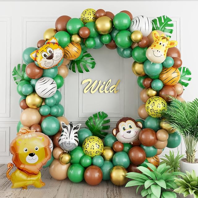 Green Balloon Arch Kit, Jungle Safari Balloon Arch, Jungle Theme Party Balloons with Dark Green Latex Balloons Metallic Balloons Animal Print Balloons for Boy Baby Shower Wild One Birthday Decorations