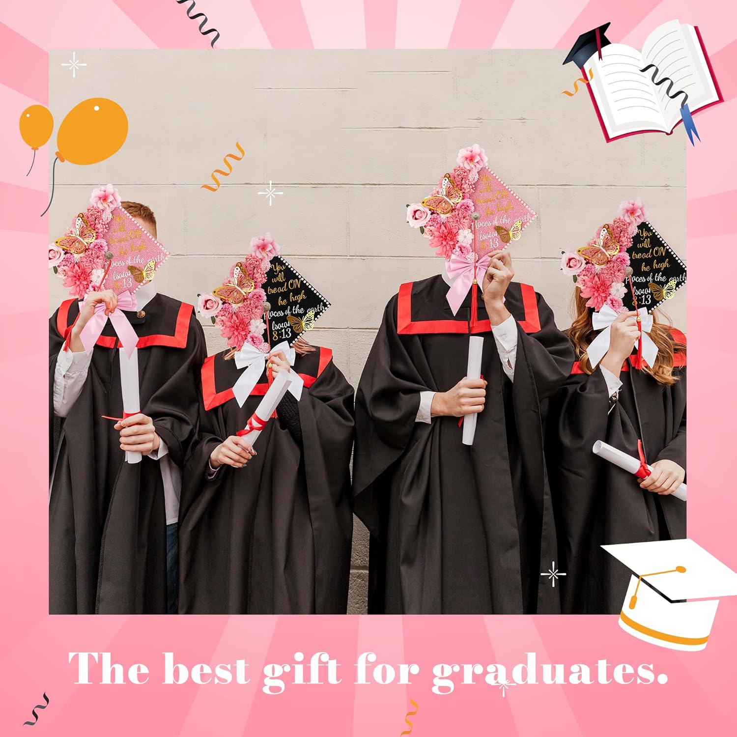 68 Pcs Pink DIY Graduation Cap Decorations Accessory Kit 3D Artificial Flowers Pink White Bows Butterfly Glitter Alphabet Number Pearl Stickers for DIY Hat Grad Cap Topper Graduation Party Supplies