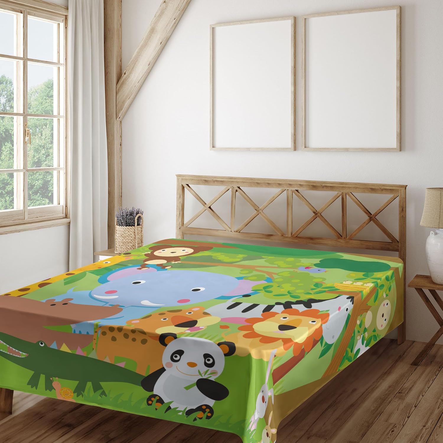 Ambesonne Cartoon Flat Sheet, Funny Playful Jungle Animals Wildlife Mammals Trees Flowers Colorful Nature, Soft Comfortable Top Sheet Decorative Bedding 1 Piece, Full Size, Multicolor