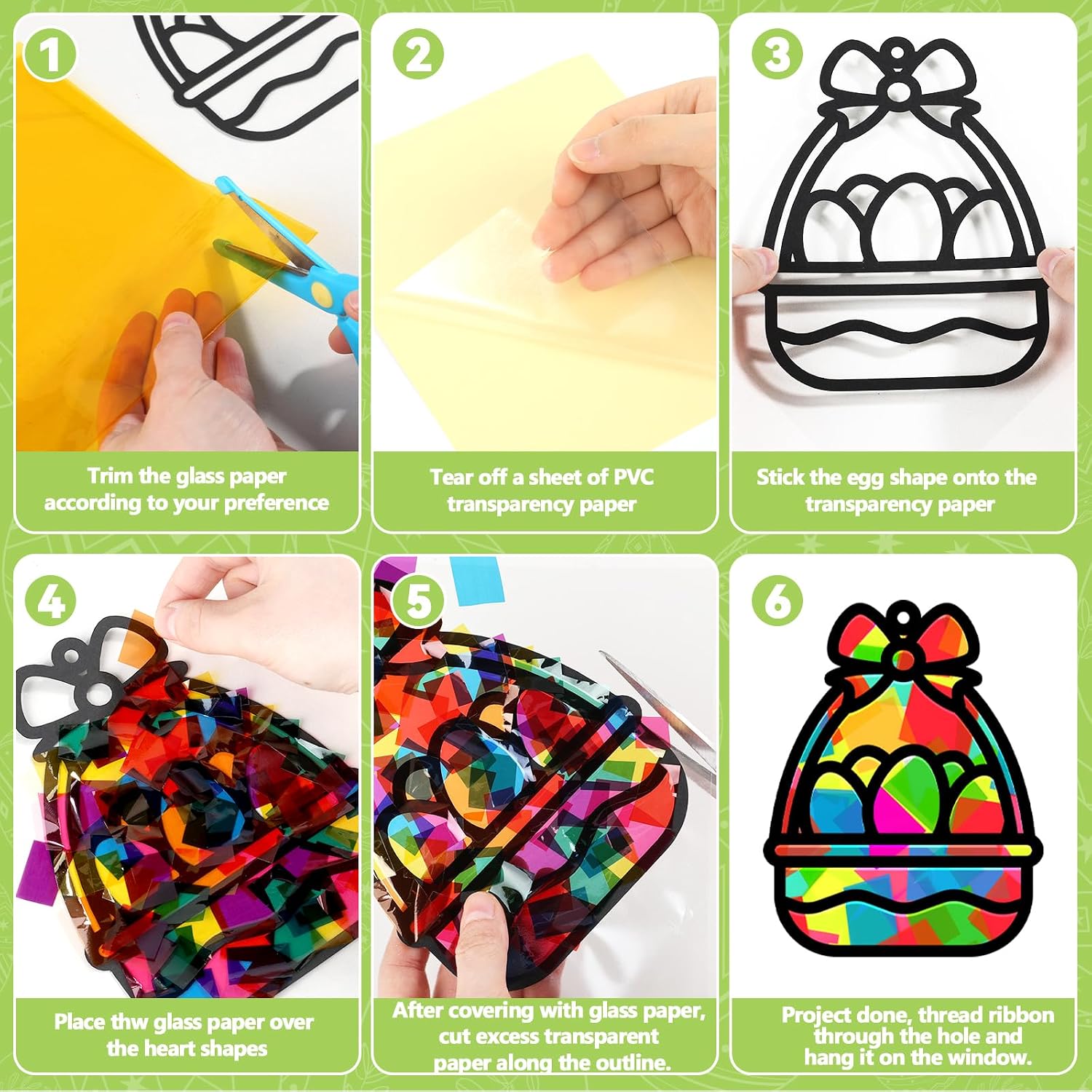 32 Sets Easter Suncatchers Craft Kit DIY Egg Basket Window Stained Glass Effect Paper Basket Style Home School Classroom Decorations Spring Art Craft Creative Games Activity Project Gift Favor image 3