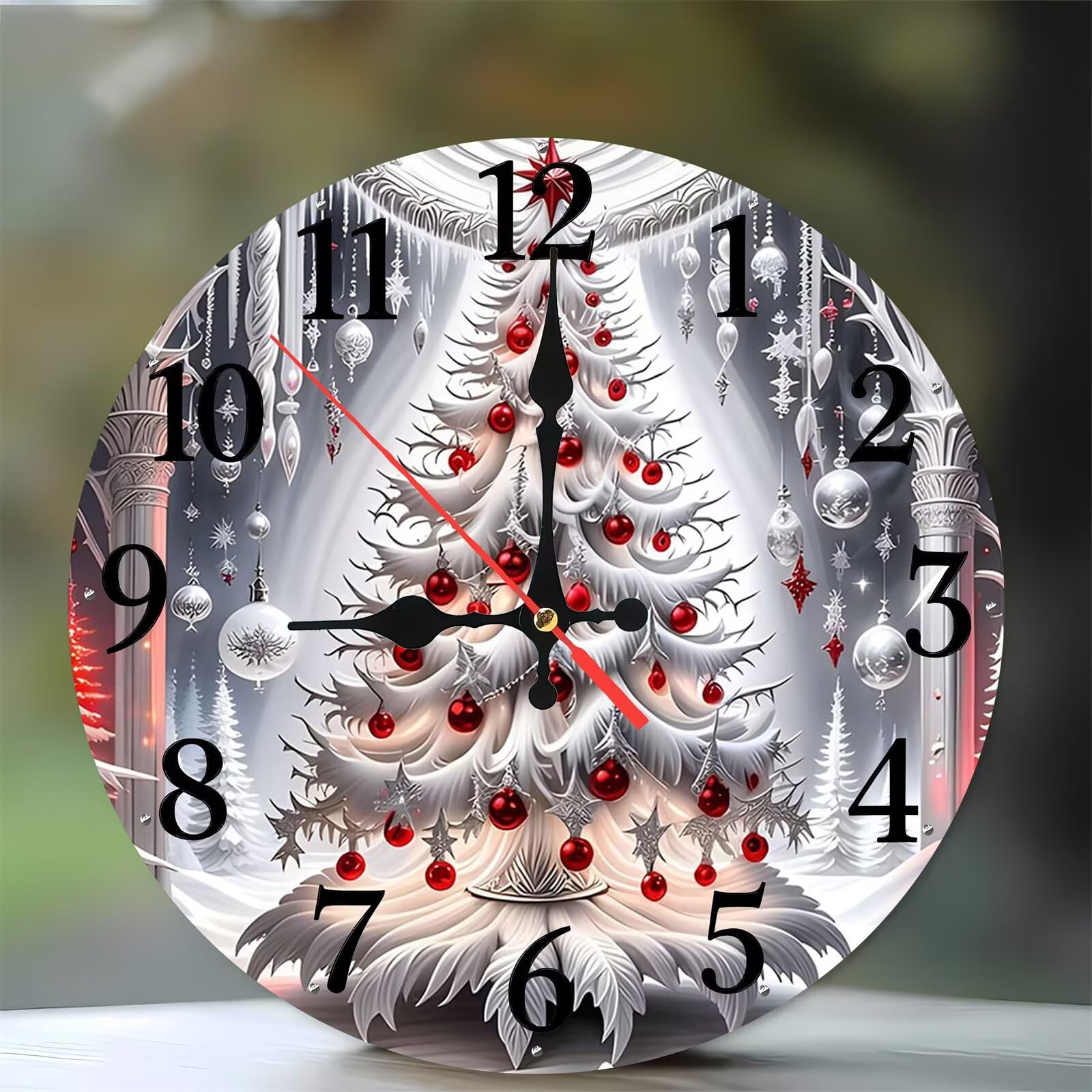 Horloge cuisine silencieuse en bois 35 cm sans tic-tac motif sapin de Noël blanc pour le calme