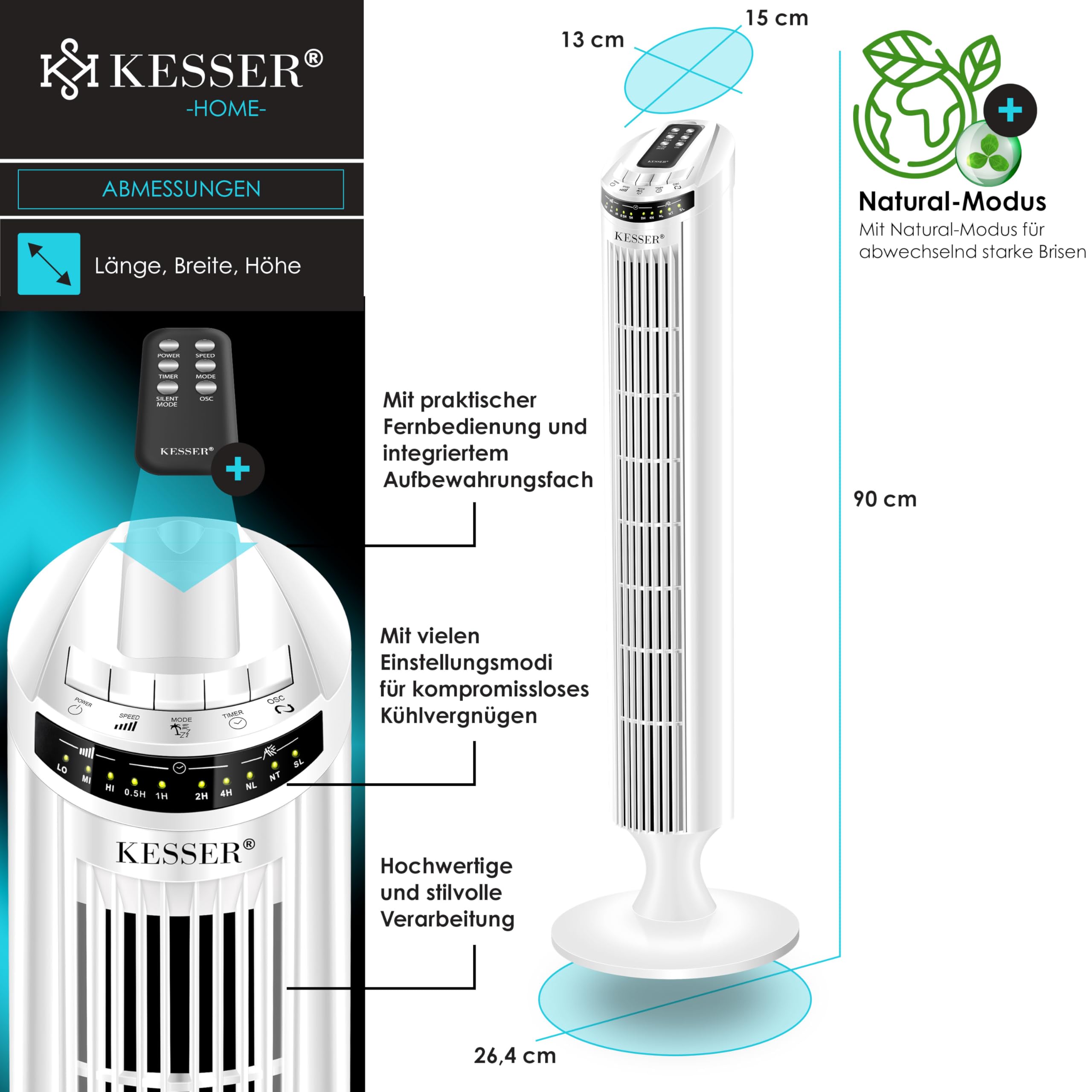 KESSER® Ventilatore a torre con TELECOMANDO - ventilatore a colonna con display a LED - ventilatore a piantana - climatizzatore