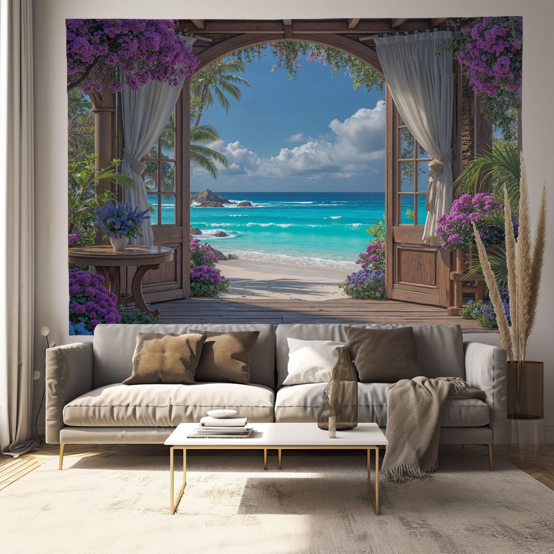 MULERN Paesaggio Da Spiaggia Arazzo, 230x180cm Tappezzeria Gazebo Fiori Arazzo, Estetico Panno da Parete Appeso, Decorazione Parete per La Casa, Camera da Letto, Soggiorno(Multicolore)