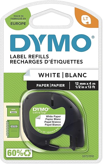 DYMO LetraTag Paper Labels | Authentic | 12 mm x 4 m Roll | Black Print on White Labels | Self-Adhesive Multipurpose Labels for LetraTag Label Makers | 1 Count