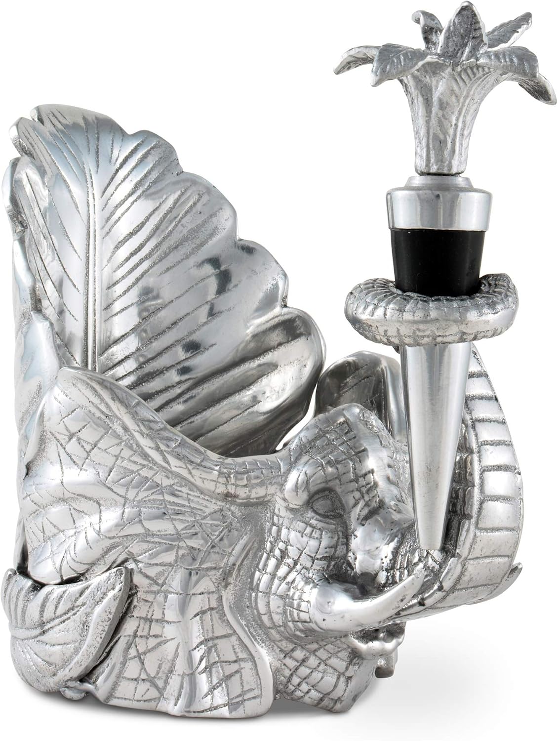 Arthur Court Aluminum Metal Elephant Wine Coaster and Stopper Set Sand Casted Artisan Metal 4.5 inch Diameter Coaster 7 inch Tall