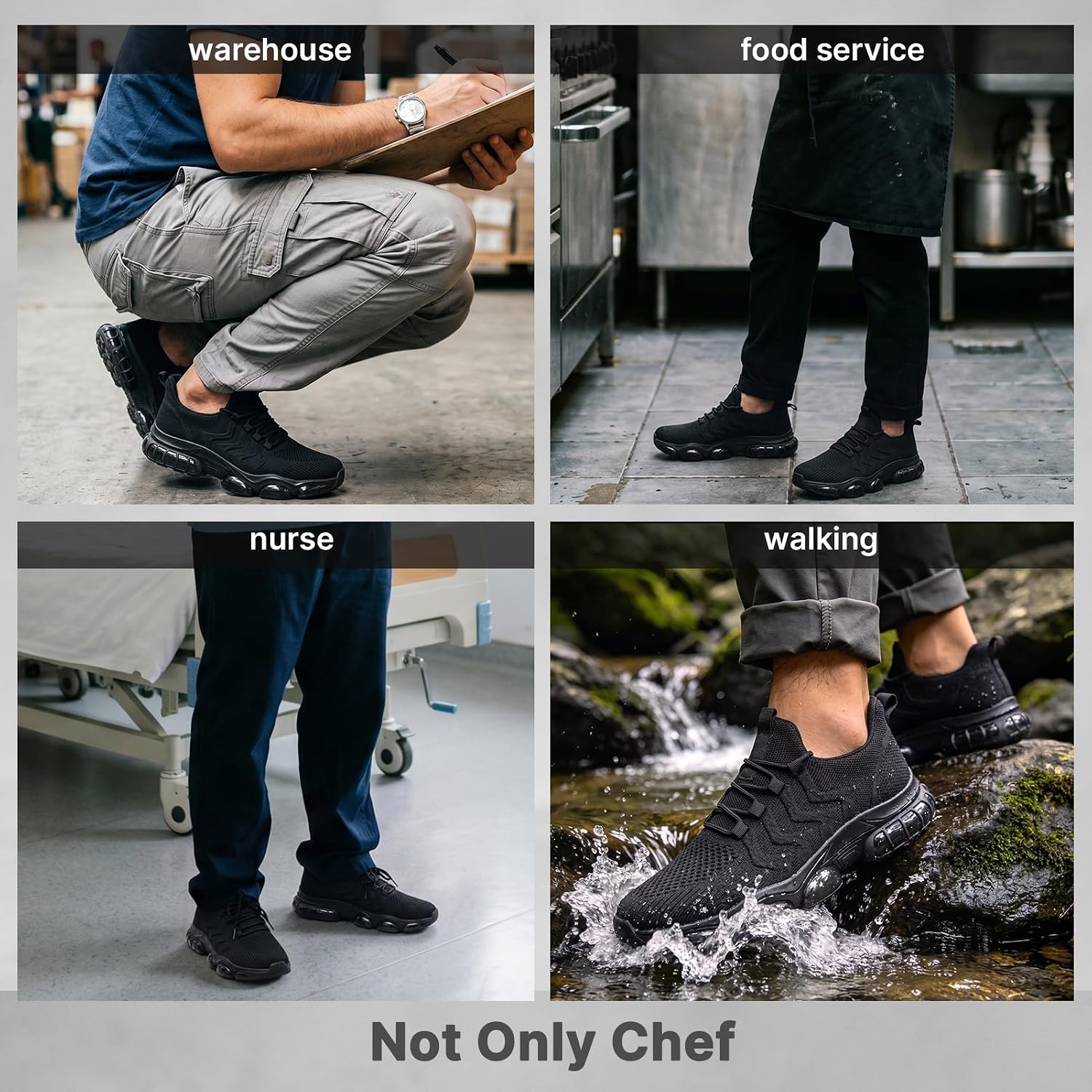 Non Slip Work Shoes for Men Water Resistant Cushioned Chef Food Service Kitchen Black Sneakers Slip On Nursing Breathable Walking Shoes for Standing All Day Comfortable