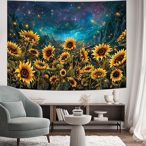 Miniatura 3 de Heynvioo Tapiz de girasol, galaxia espacial, tapiz de otoño amarillo con plantas florales, tapiz de cielo estrellado, montaña, naturaleza, tapiz