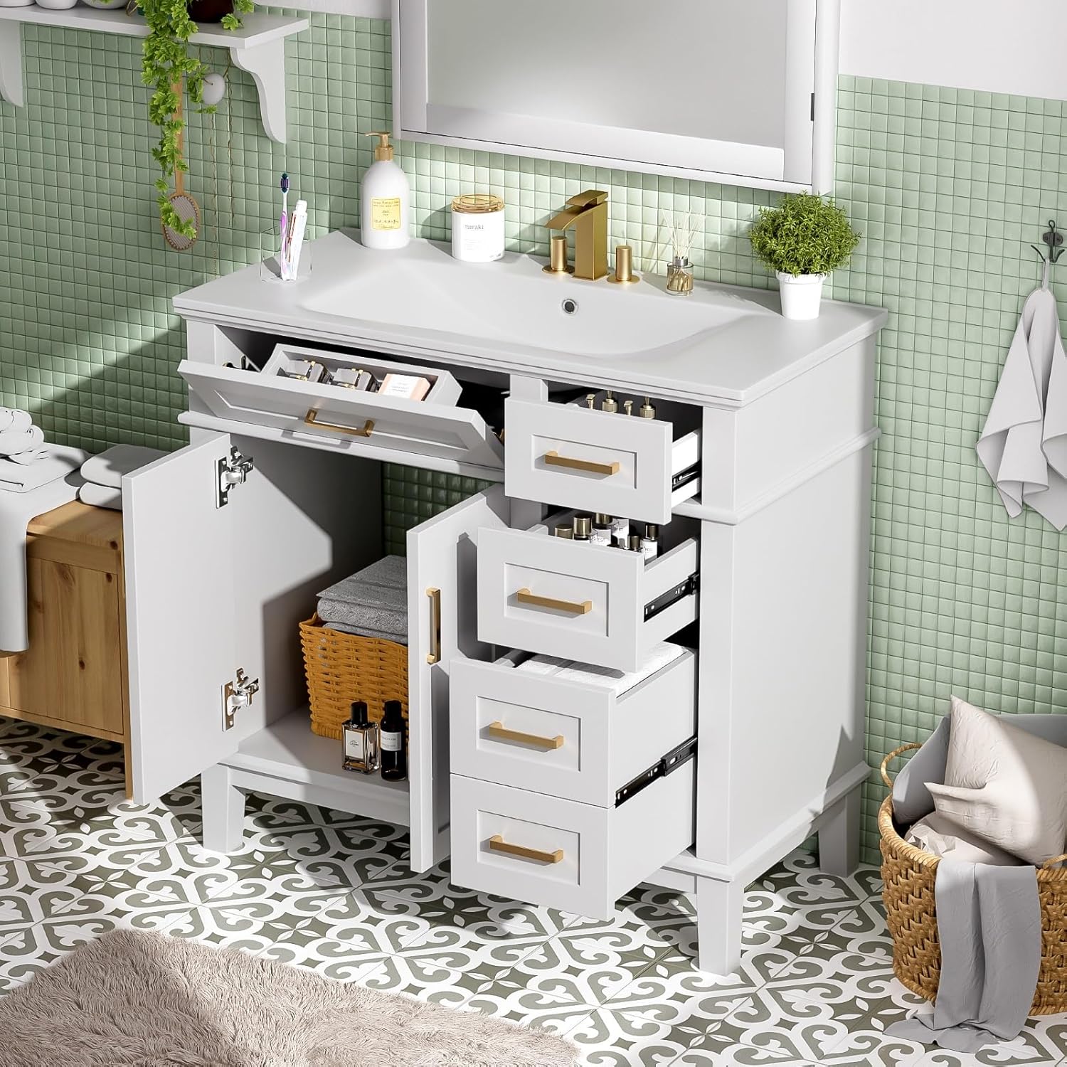 Bathroom Vanity with Sink, 36" Small Bathroom Sink Cabinet with 2 Soft Close Doors and 4 Drawers (Style 2 White)