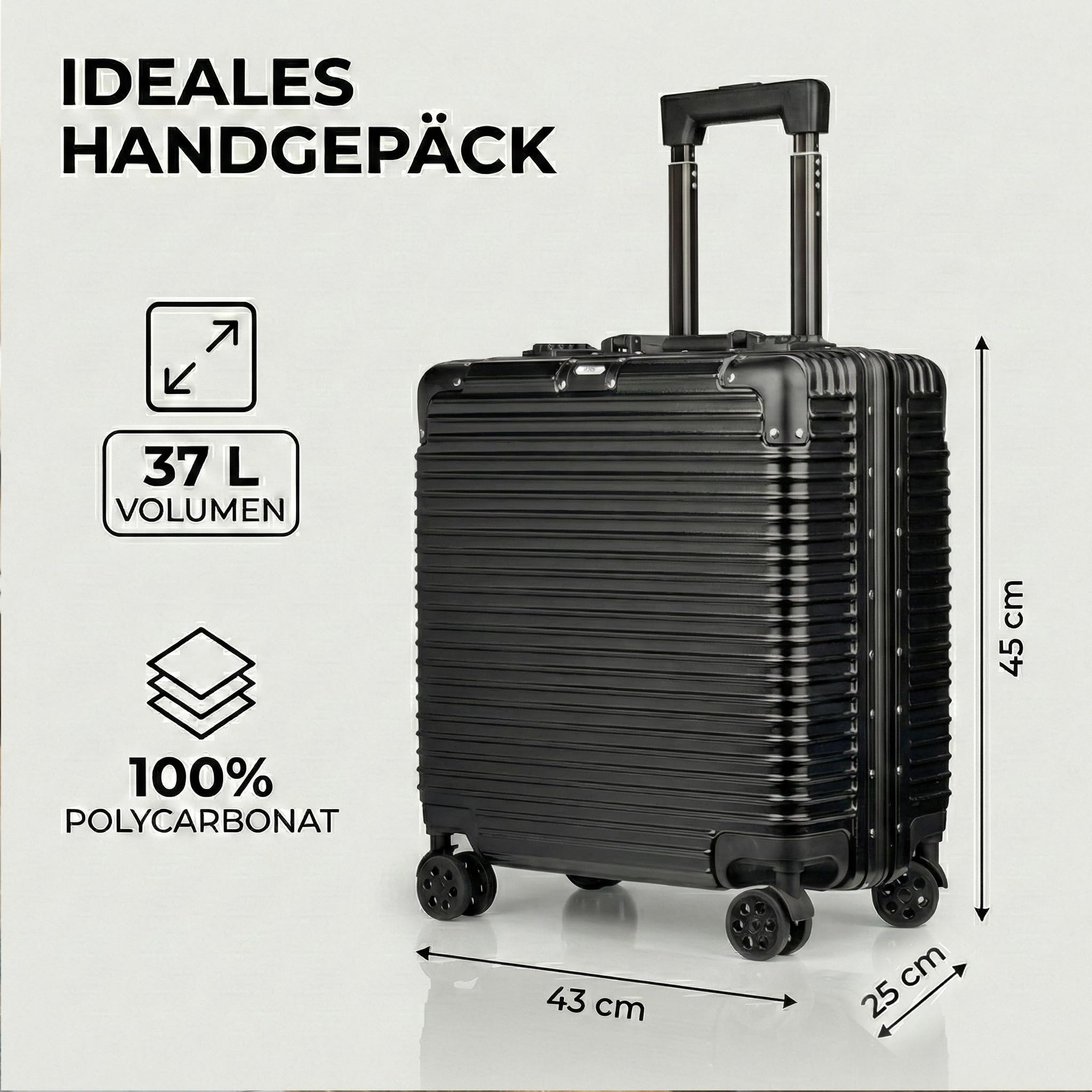 POSH Piloten Koffer Handgepäck Hartschale - Aluminium Rahmen & Schnappverschluss - 37L Business 45x43x25 cm Trolley 100% Polycarbonat - TSA Schloss, mit 4 Rollen