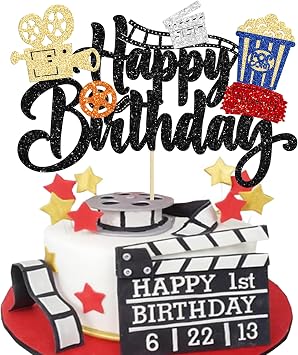 Ephlyn 1Pc Movie Happy Birthday Cake Topper Glitter Roll Camera Video Recorder Popcorn Movie Night Cake Pick for Theater Theme Family Film Baby Shower Birthday Party Supplies Black