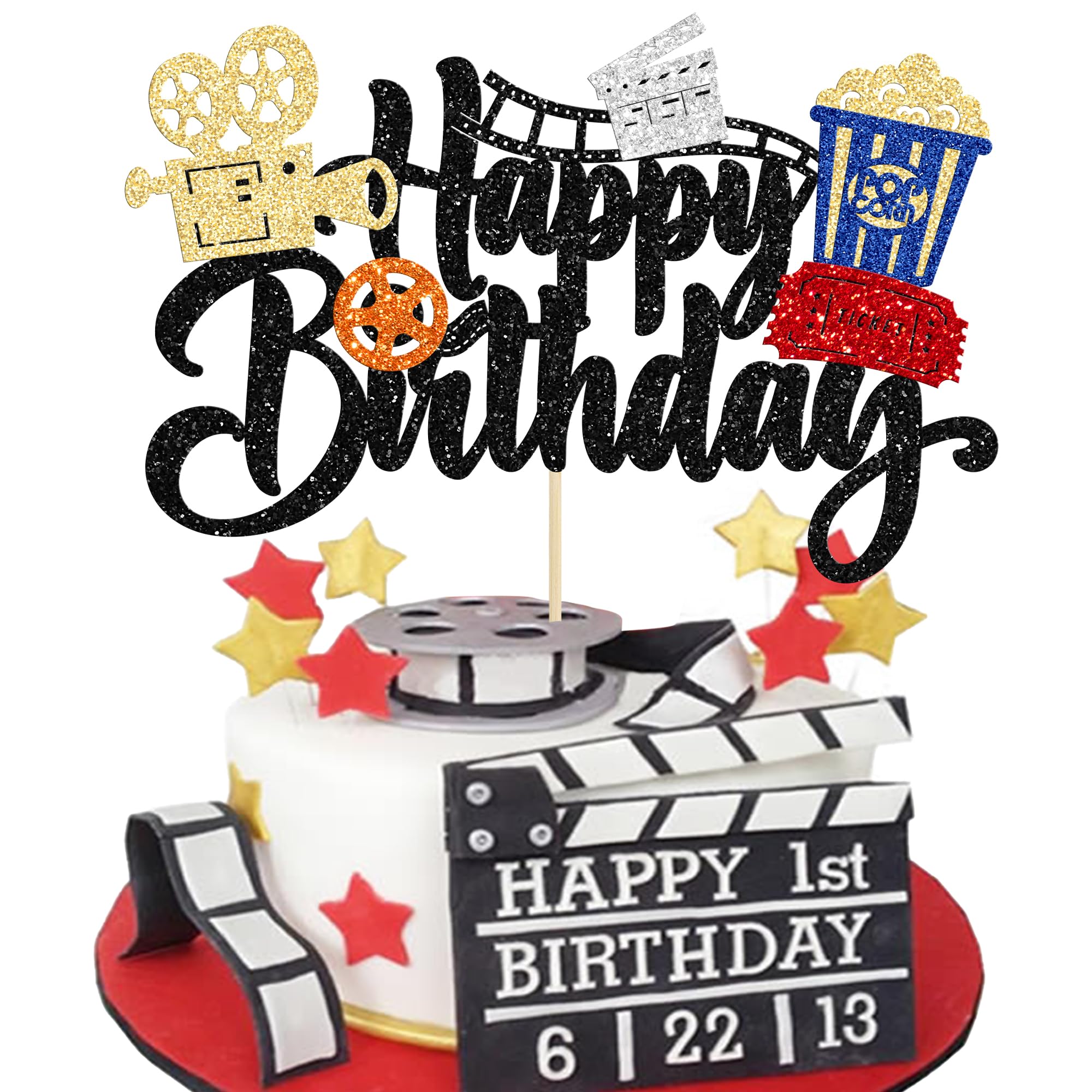 Ephlyn 1Pc Movie Happy Birthday Cake Topper Glitter Roll Camera Video Recorder Popcorn Movie Night Cake Pick for Theater Theme Family Film Baby Shower