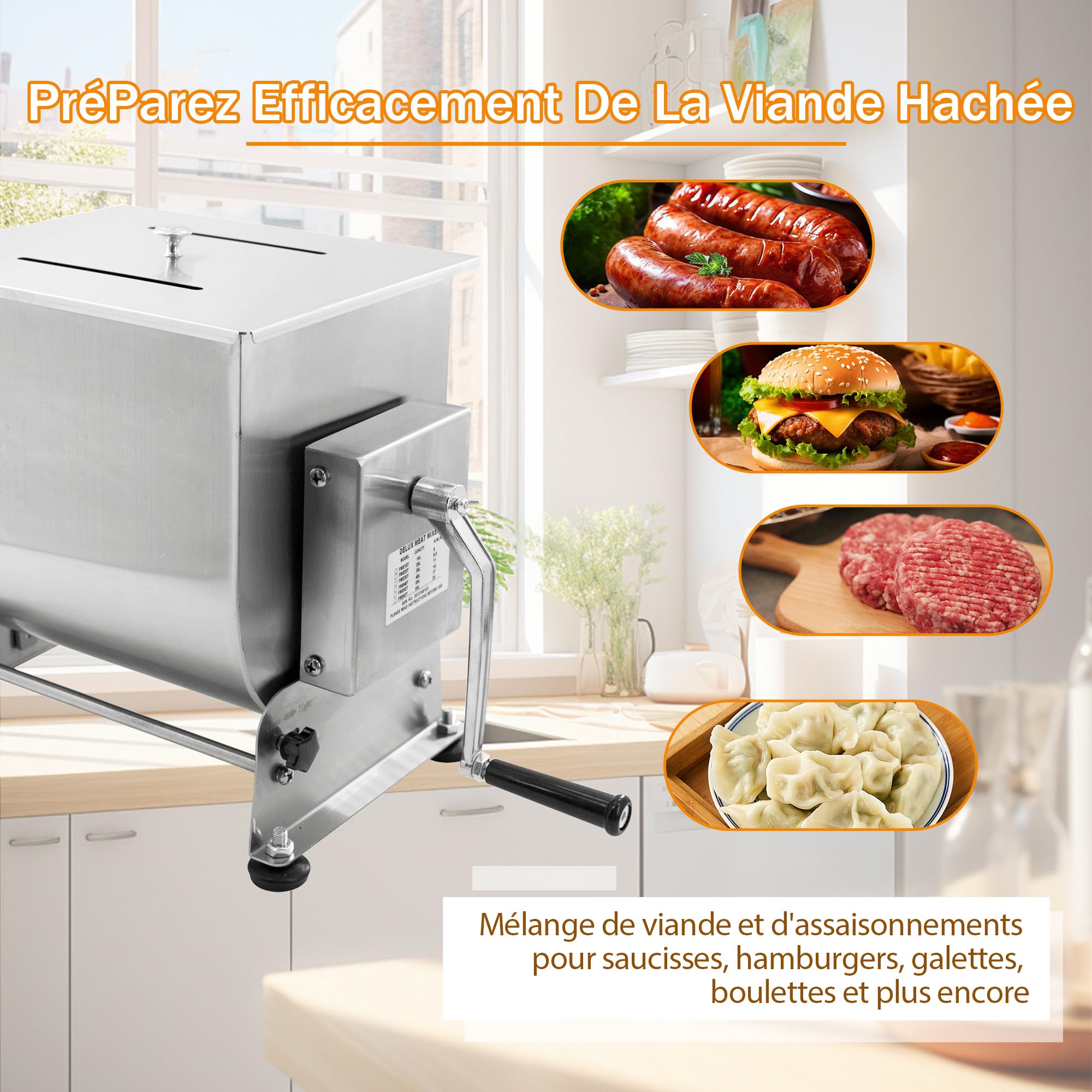 Hakka Mixeur à Viande Professionnel d'une Capacité de 30 L, Mixeur à Saucisses Inclinable, Mélangeur à Farce Manuel (25 kg Max. de Viande), Acier Inoxydable