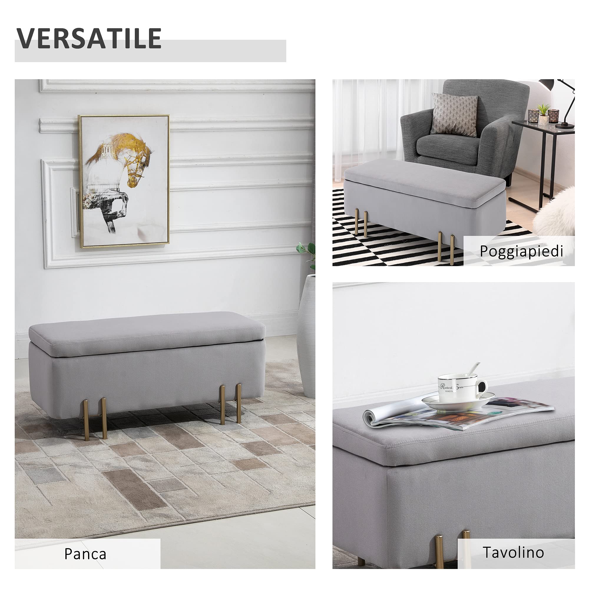 HOMCOM Cassapanca Panca Contenitore Poggiapiedi 72L con Vano Portaoggetti e Coperchio Sollevabile, Pouf Panca Imbottita in Velluto e Gambe in Metallo per Camera da Letto e Ingresso, 100x40x42cm,Grigio