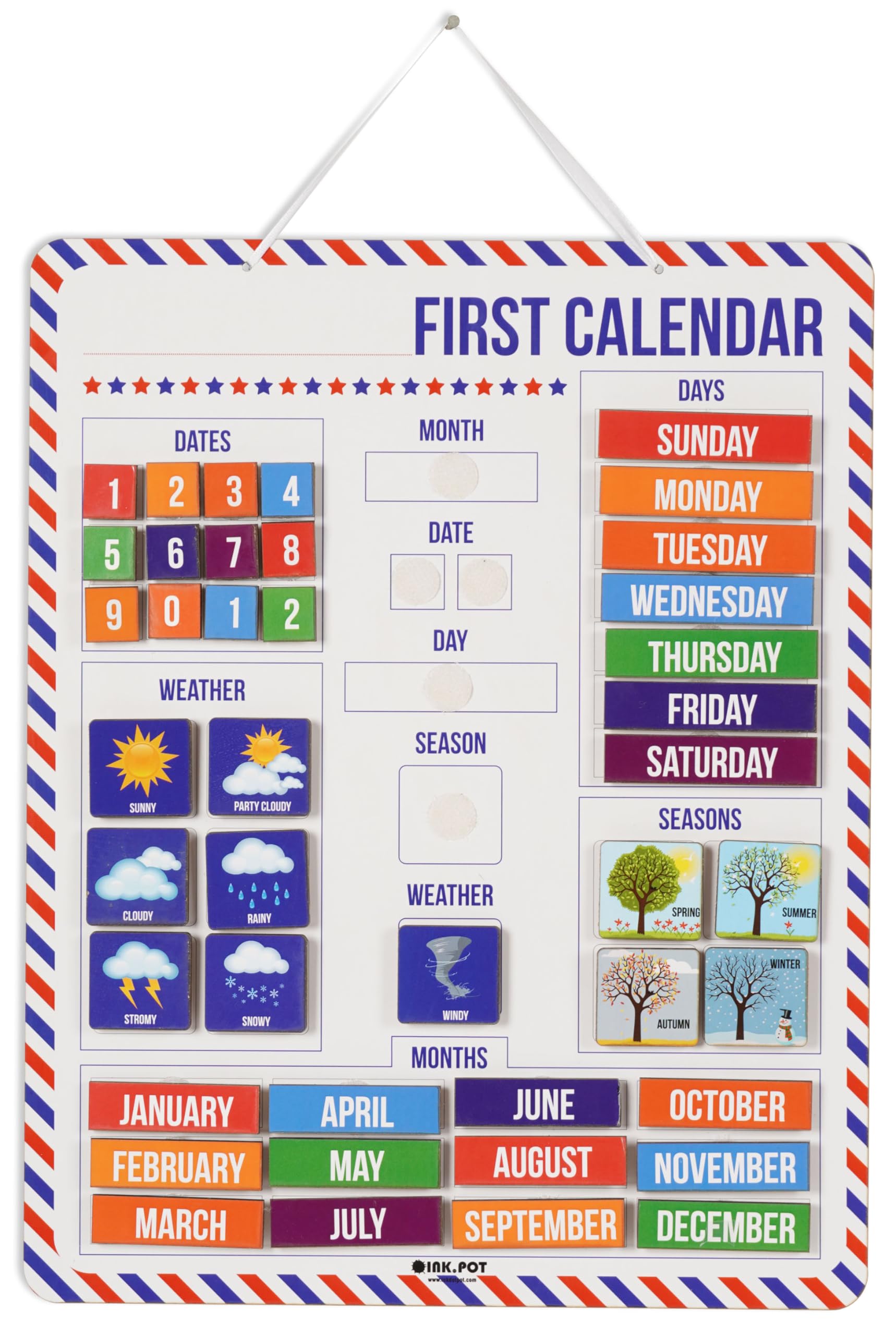 Inkdotpot My First Calendar Board For Kids, Preschool Wall Hanging Month/Date/Day/Weather/Season (42 Pieces); Classroom Learning Calendar Board, 14.5 x 11.5 inches-Off-White