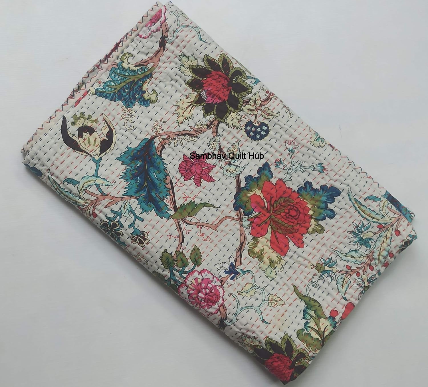 White Floral Kantha Quilt Block Printed Kantha Blanket Cotton King Kantha Bedspread Handmade Kantha Coverlet Throw Queen Throw Kantha Blanket