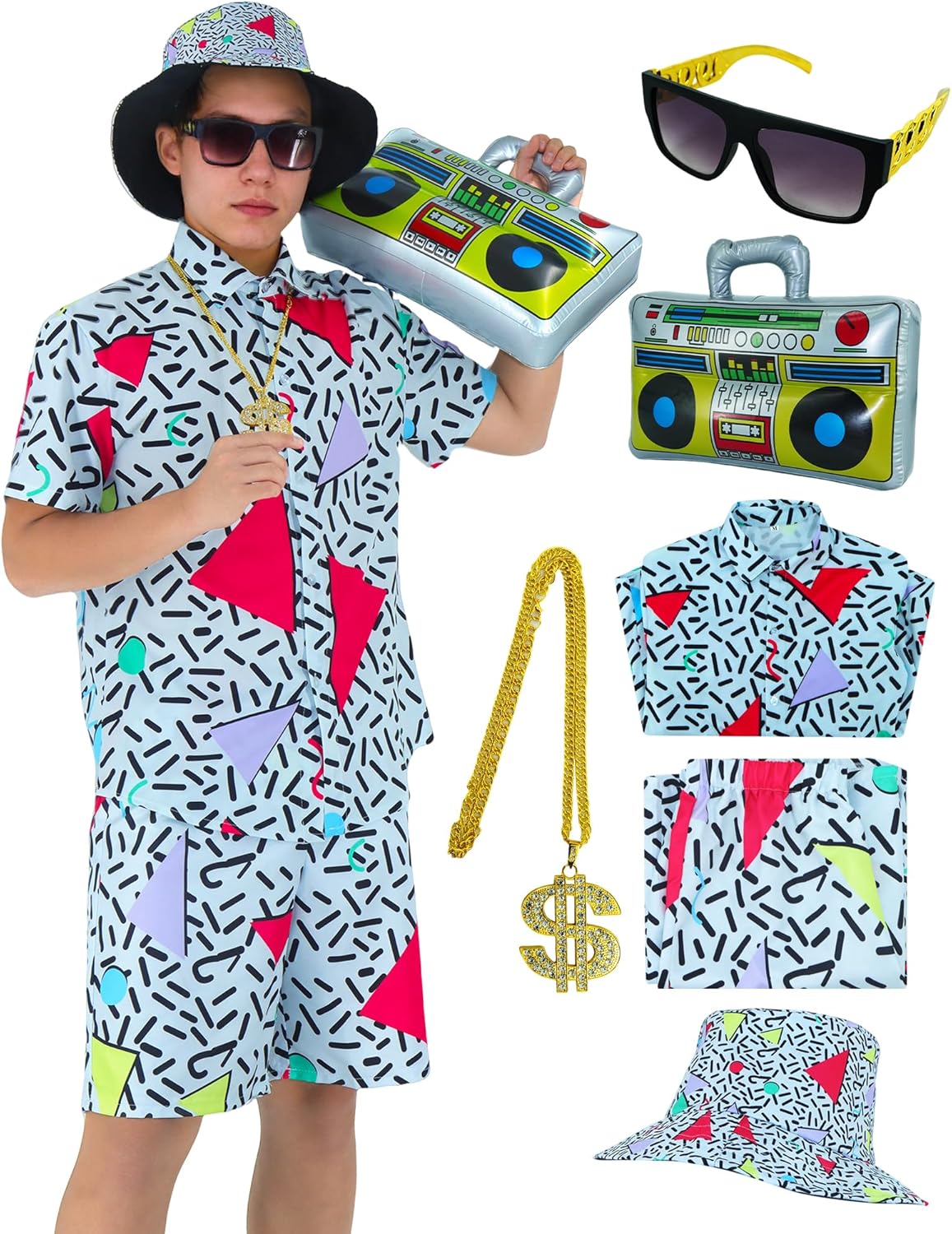 80s 90s Outfit for Men Hip Hop Costume Men's Hawaiian Shirt ande Short Set Rapper Cosplay Halloween with Accessories - Image 4