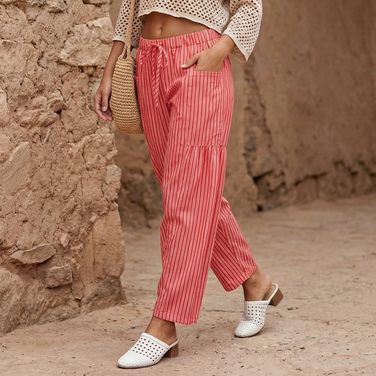 Sexy Outfit Pantalon Sarouel rayé en Coton et Lin pour Femmes, Ample, Jambes Larges, Cordon de Serrage, Pantalon de Plage avec Poches, vêtements de détente d'été
