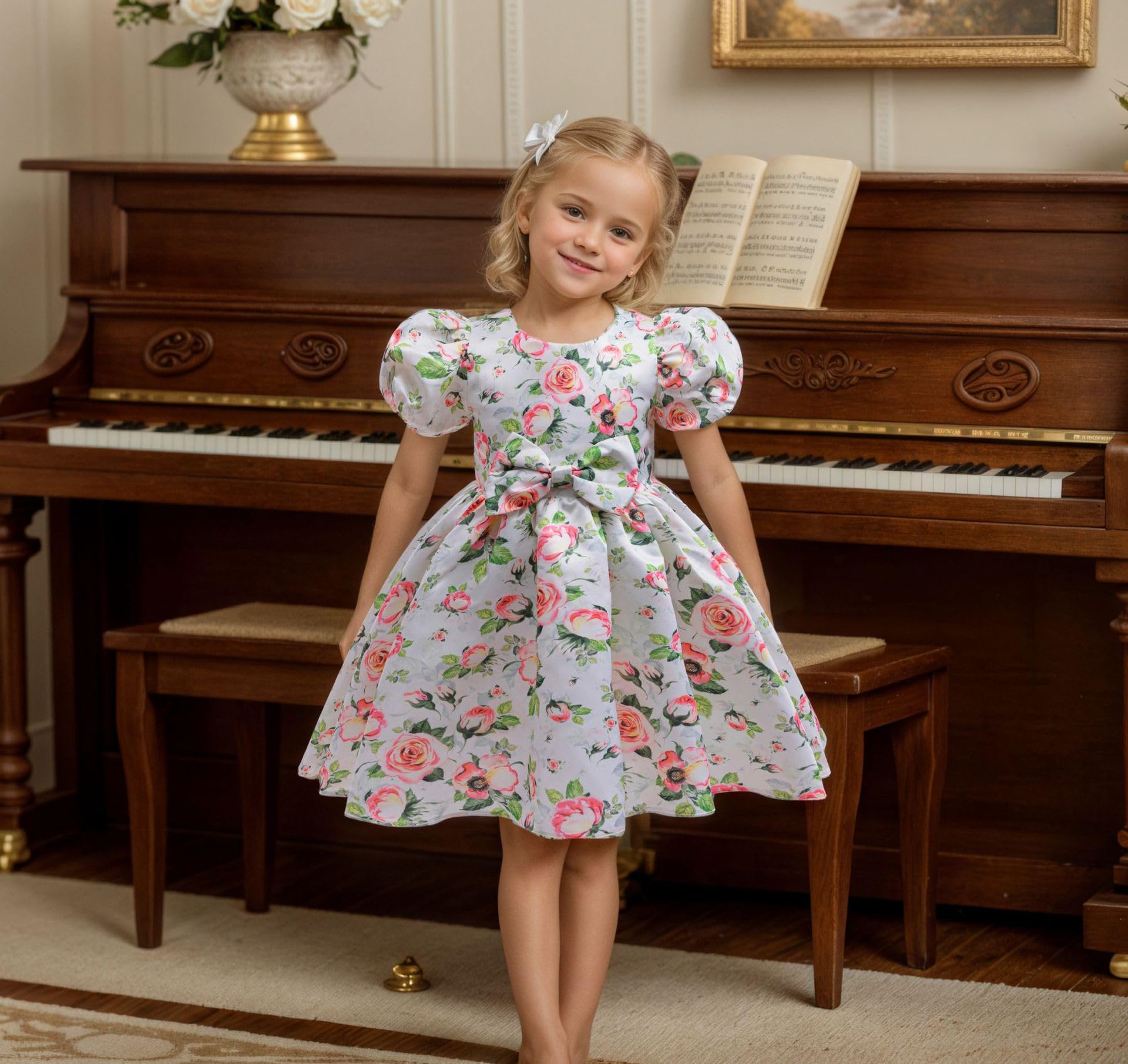 Vestidos de Niña Ropa para Niños con Estampado Floral Vestido de Princesa de Satén con Mangas abullonadas