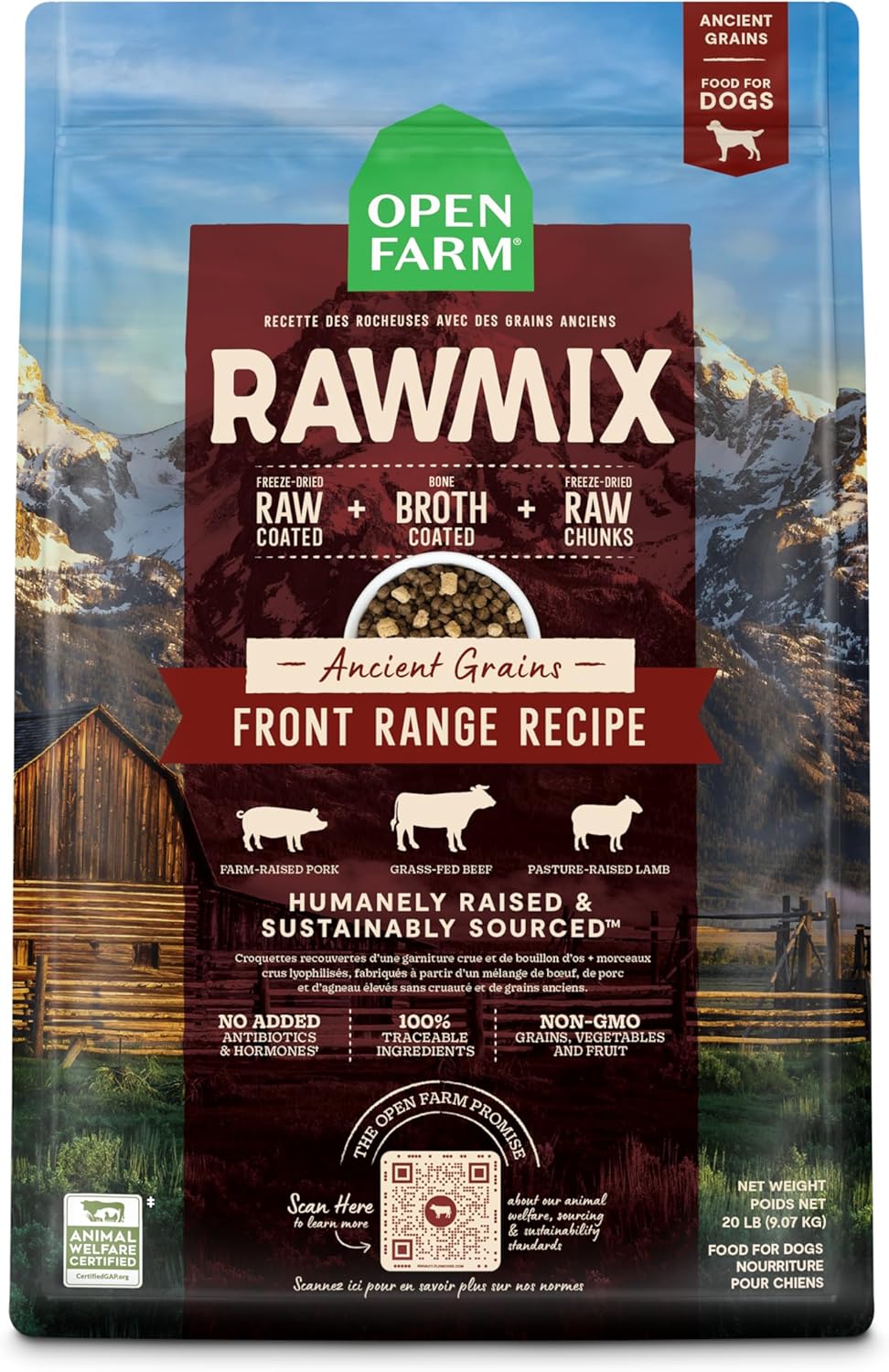 Product image of Open Farm, RawMix Dry Dog Food with Ancient Grains, Protein-Packed Kibble Coated in Bone Broth with Freeze Dried Raw Chunks, Beef Pork & Lamb, Front Range Recipe, 20lb Bag
