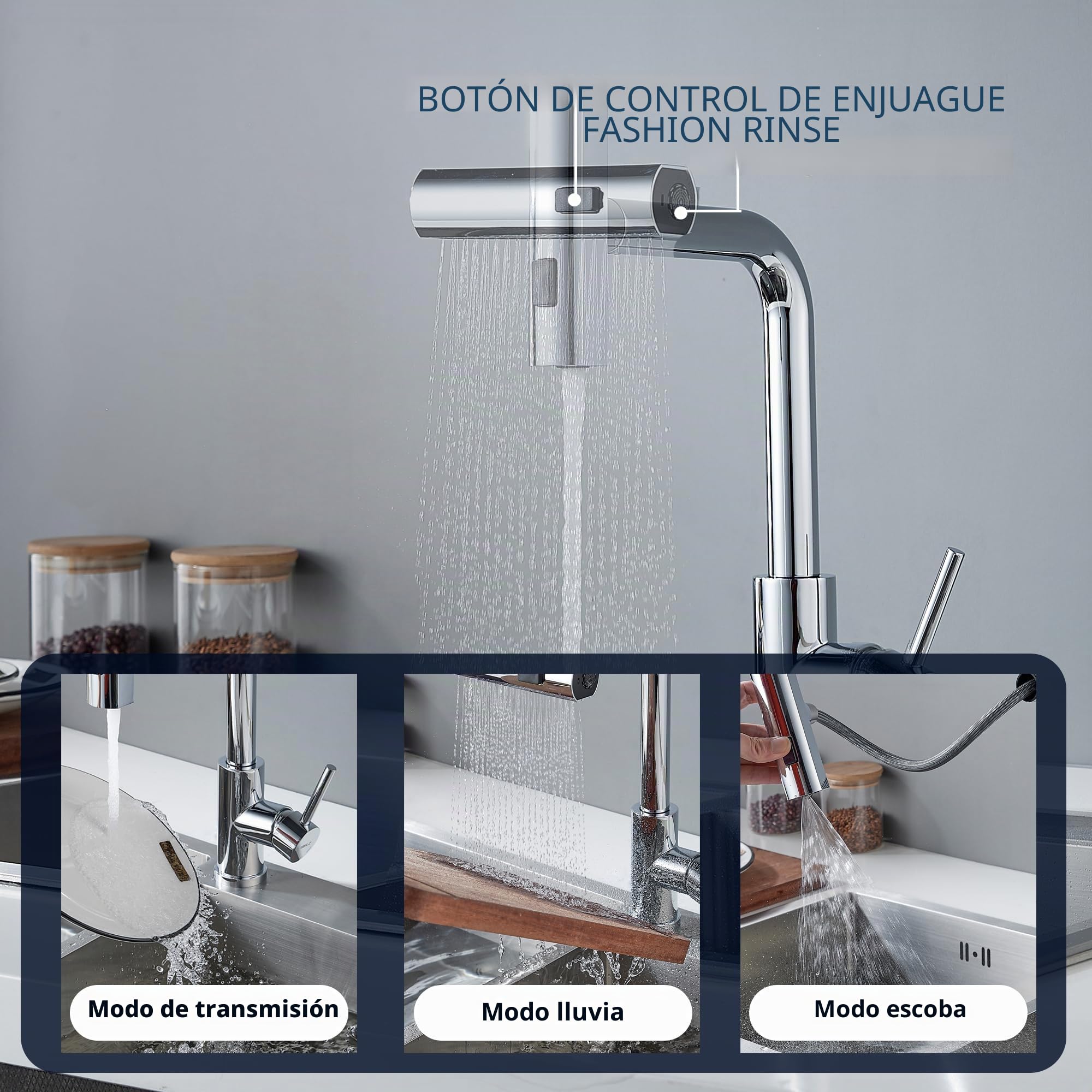 BELZ Grifo Cocina Extraíble, Grifo Cocina con Rociador Extraíble 3 Modos de Agua, Giratorio 360°, Grifo Mezclador Cocina, Acero Inoxidable,Cromo