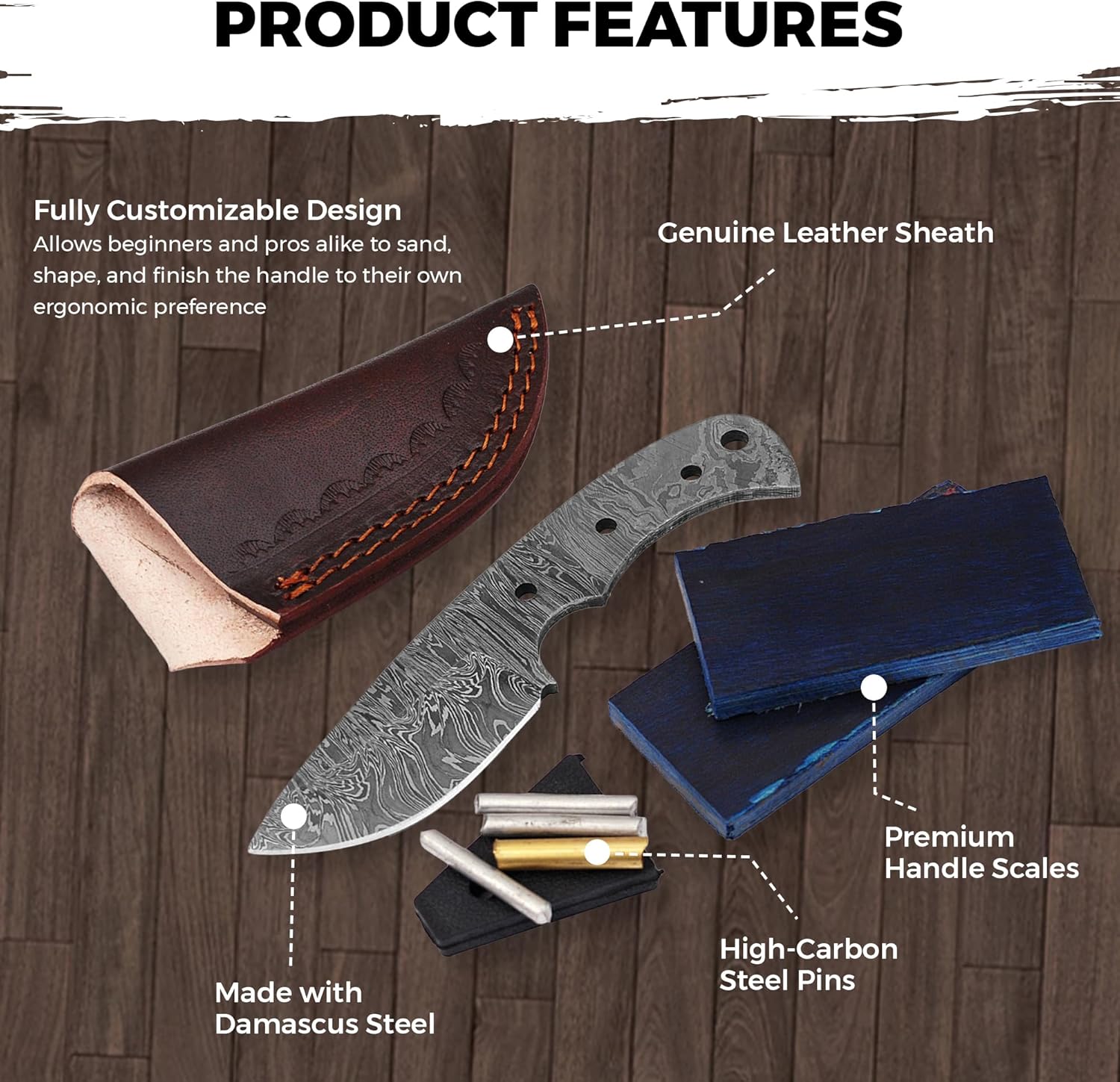 ColdLand 6" Damascus Steel Knife Making Kits - Knife Making Supplies Include Blank Steel Damascus Blade, with Sheath, Wood Handle Scales - Build your Own NB105