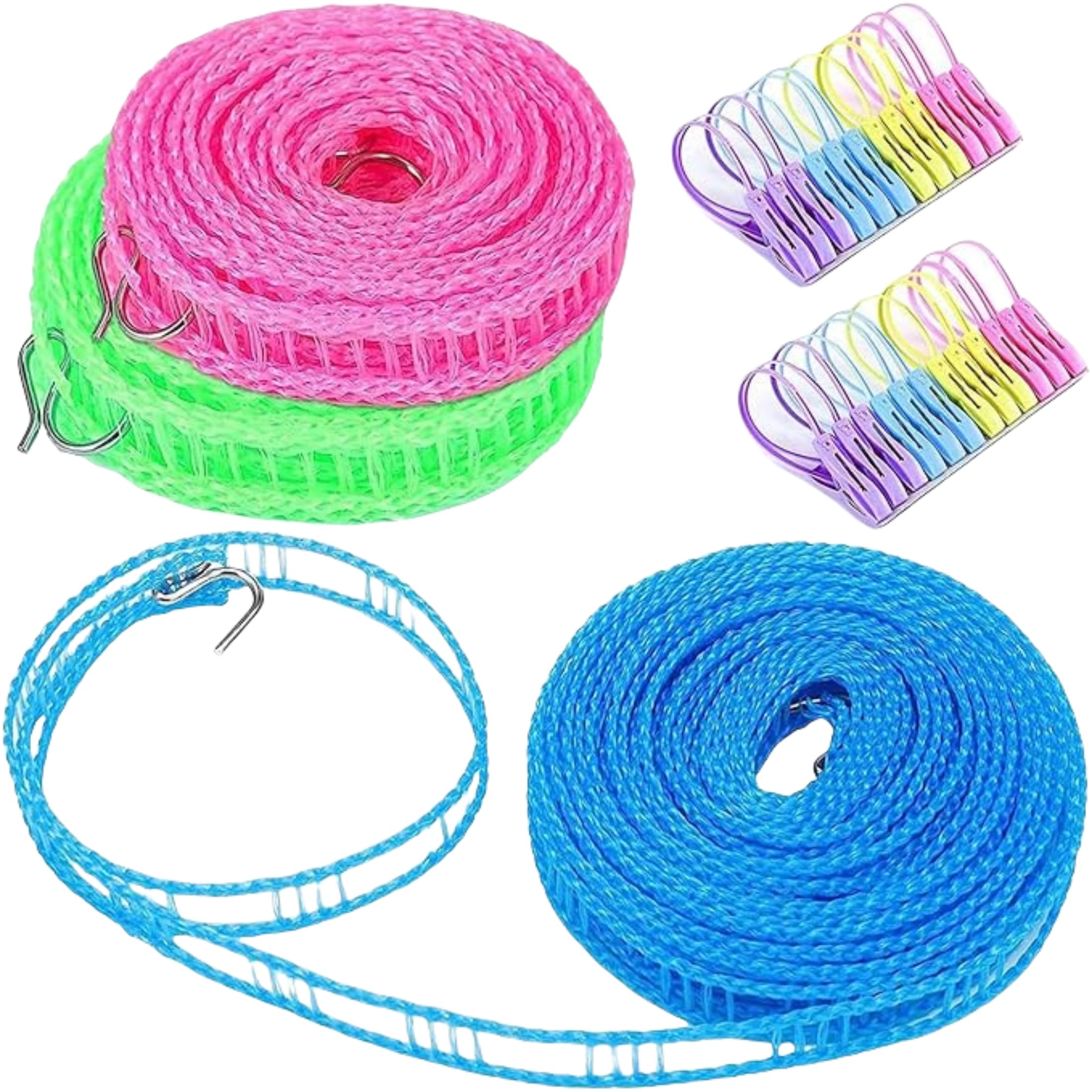 3 Pcs Washing Line 8m Non-slip and Windproof Nylon Clothesline Portable Washing Line with 2pcs Stainless Hooks Fence-Like Rope for Hanging Clothes Outside (3 colors) (blue)