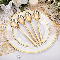 Vista 9 de DaYammi 100 cucharas de plástico doradas, cubiertos desechables, cubiertos de plástico resistentes, desechables, vajilla perfecta para cenas